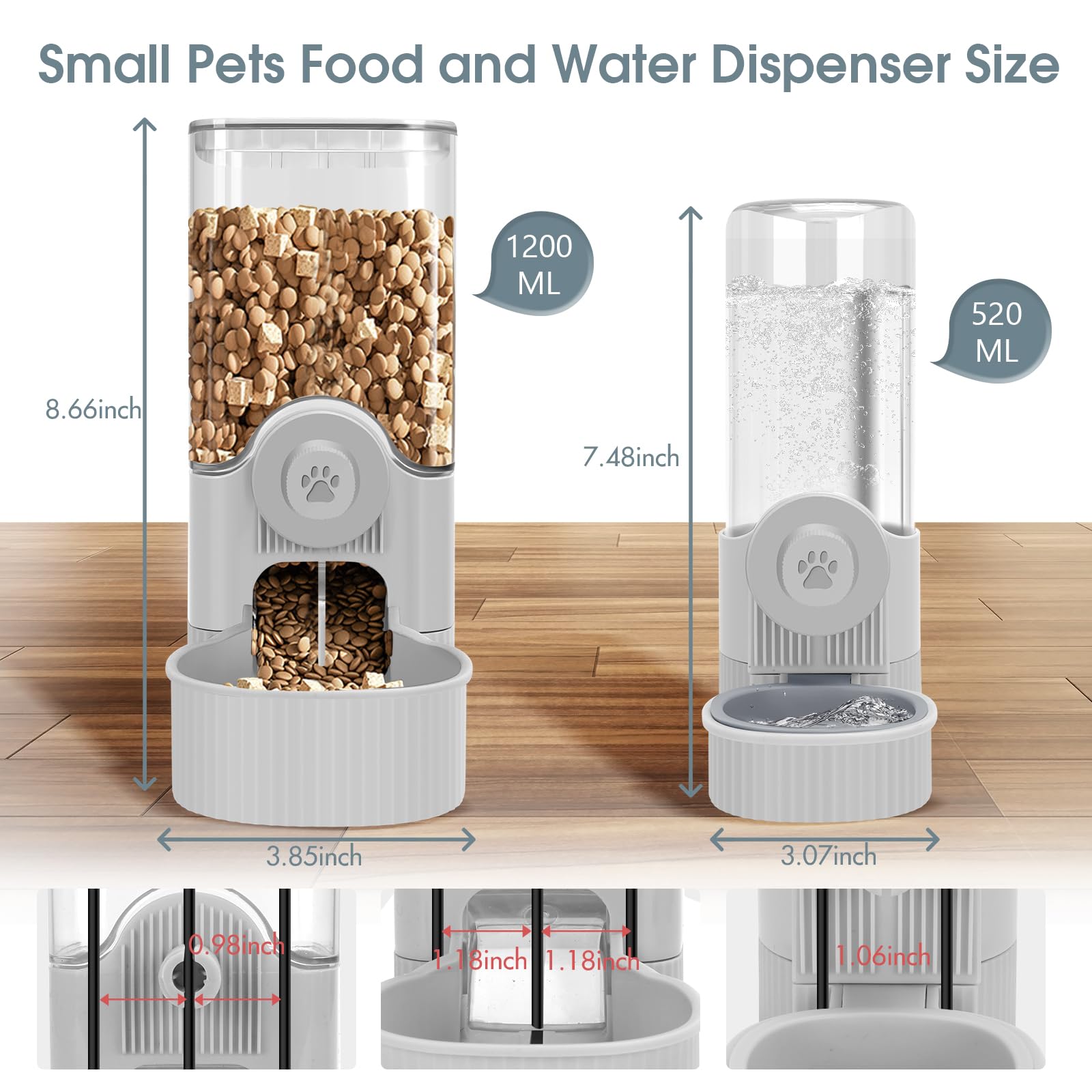 Yummy Sam Hanging Cage Automatic Small Pet Food Bowl Water Bottle Dispenser, Detachable Auto Gravity 1.2L Self-Feeding Feeder and 0.52L Waterer Set Kennel Feeding Station for Puppy Cats Rabbit(Grey)