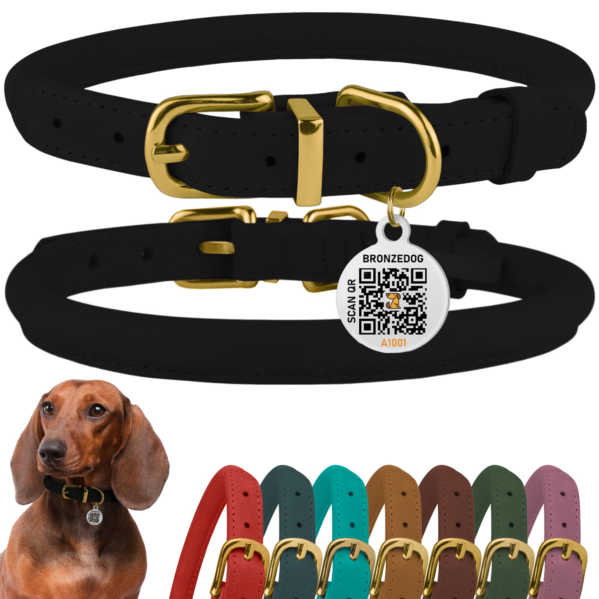BronzeDog Rolled Leather Dog Collar with QR ID Tag, Adjustable Soft Round Collars for Small Medium Large Dogs Puppy (9" - 11" Neck Size, Black Night)