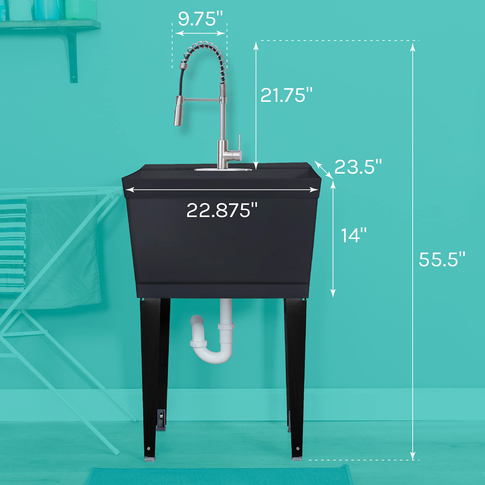 Utility Sink ExtraDeep Laundry Tub in Black with HighArc Stainless