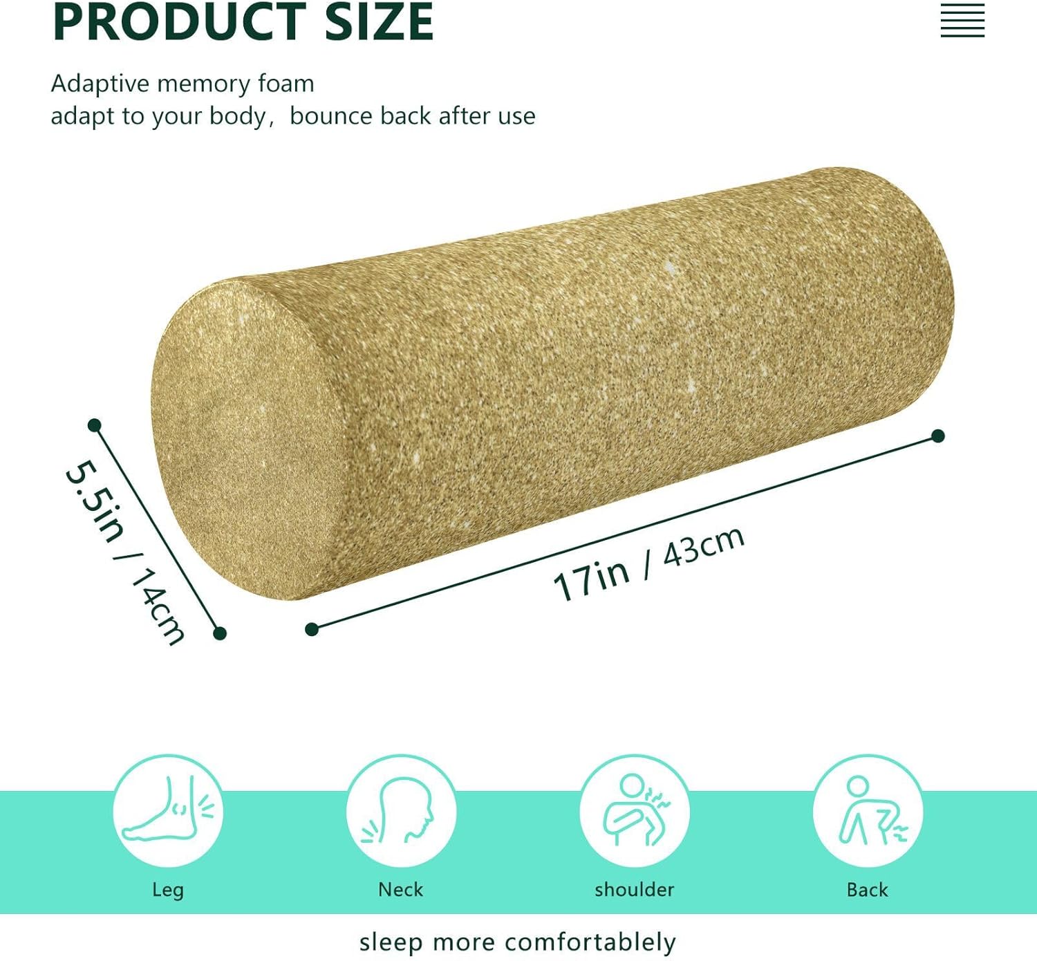 Gredecor Gold Yellow Glitter Cylinder Round Pillow for Neck Pain Relief, Soft Breathable Bolster Travel Memory Foam Pillow with Washable Cover for Bed Sleeping, Head, Legs and Back