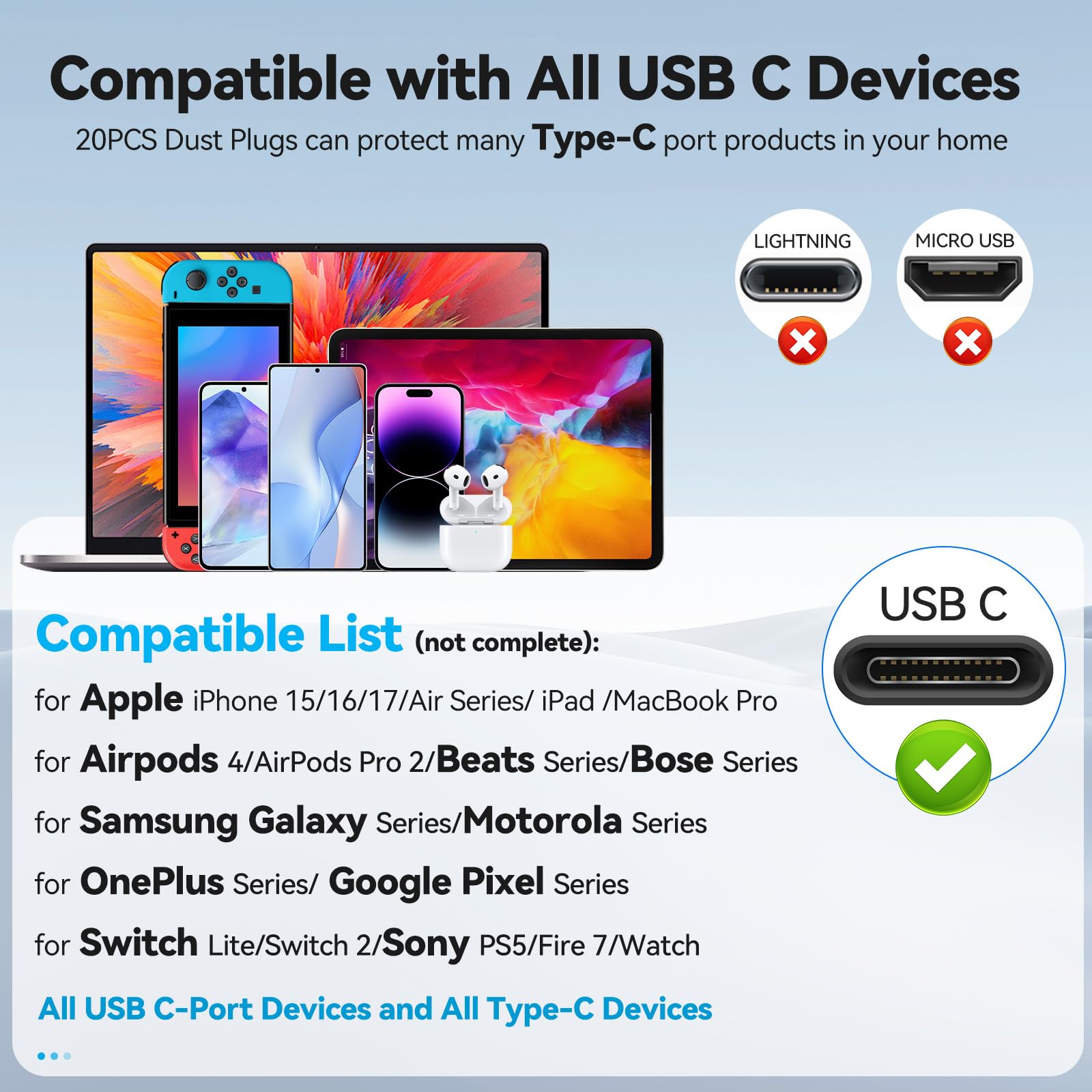 20 szt. USB-C ochrona przed kurzem silikonowa, z osłonką Type C i glina czyszcząca, kompatybilne z iPhone 17/16/15/Serii Air i akcesoria ochronne gniazda ładowania laptopa - Klasyczna Czerń