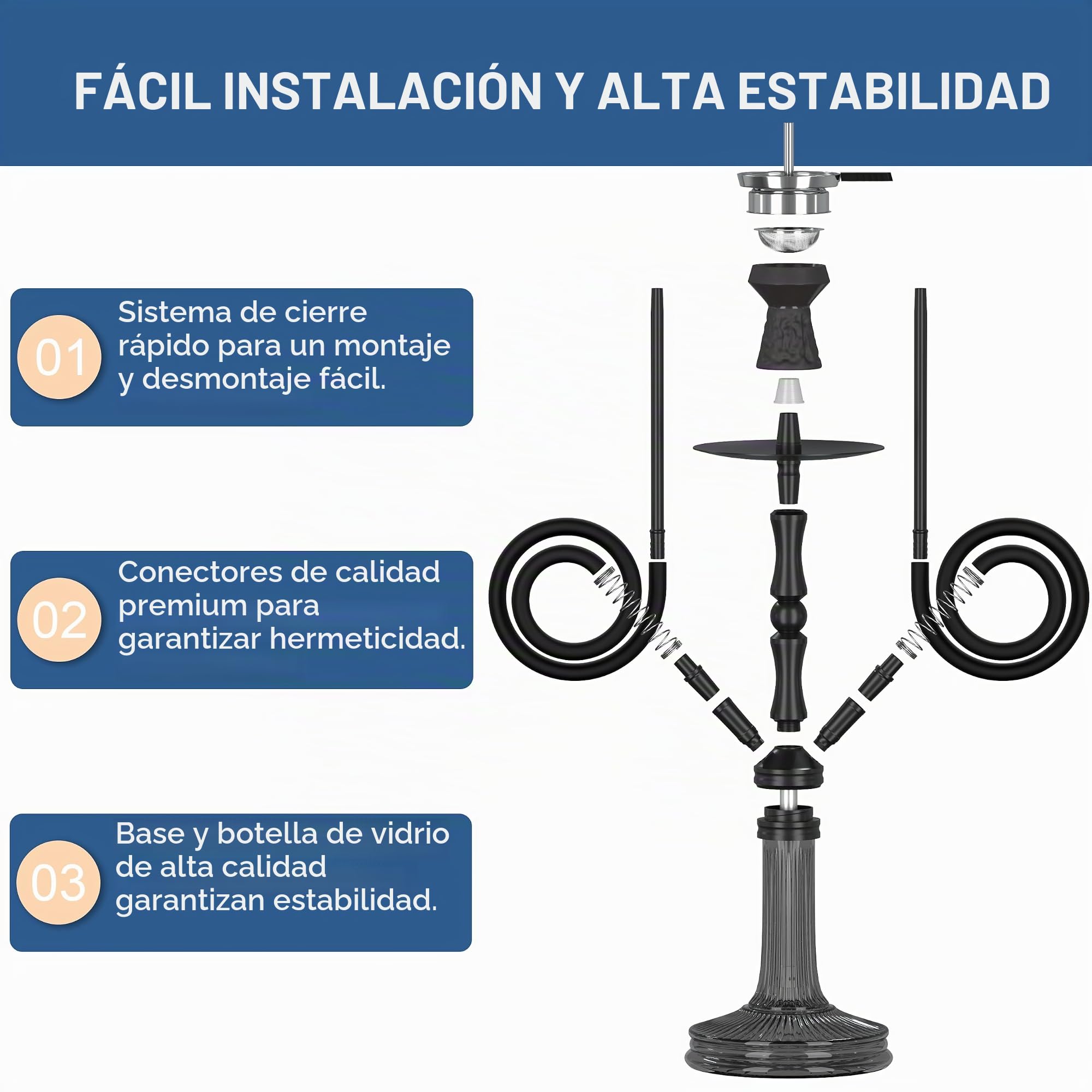 NOBLE HOOKAH Shisha Set Completamente Hecha de Tubo de Aluminio con 2 Conexiones y Accesorios Completos para Narguile - Cabeza de Narguile, Recolector de Melaza, 2 Mangueras y Mango (Negro)