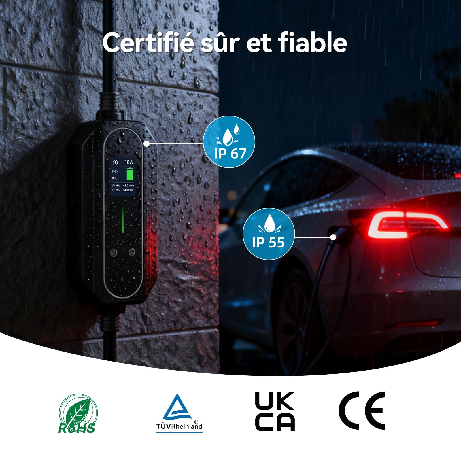 ELEGRP 11 KW Mobile Wallbox avec câble de Recharge de Type 2, Chargeur EV triphasé, réglable de 6 à 16 A, câble de 7 m, étanche IP67, Station de Recharge Mobile IEC 62196-2