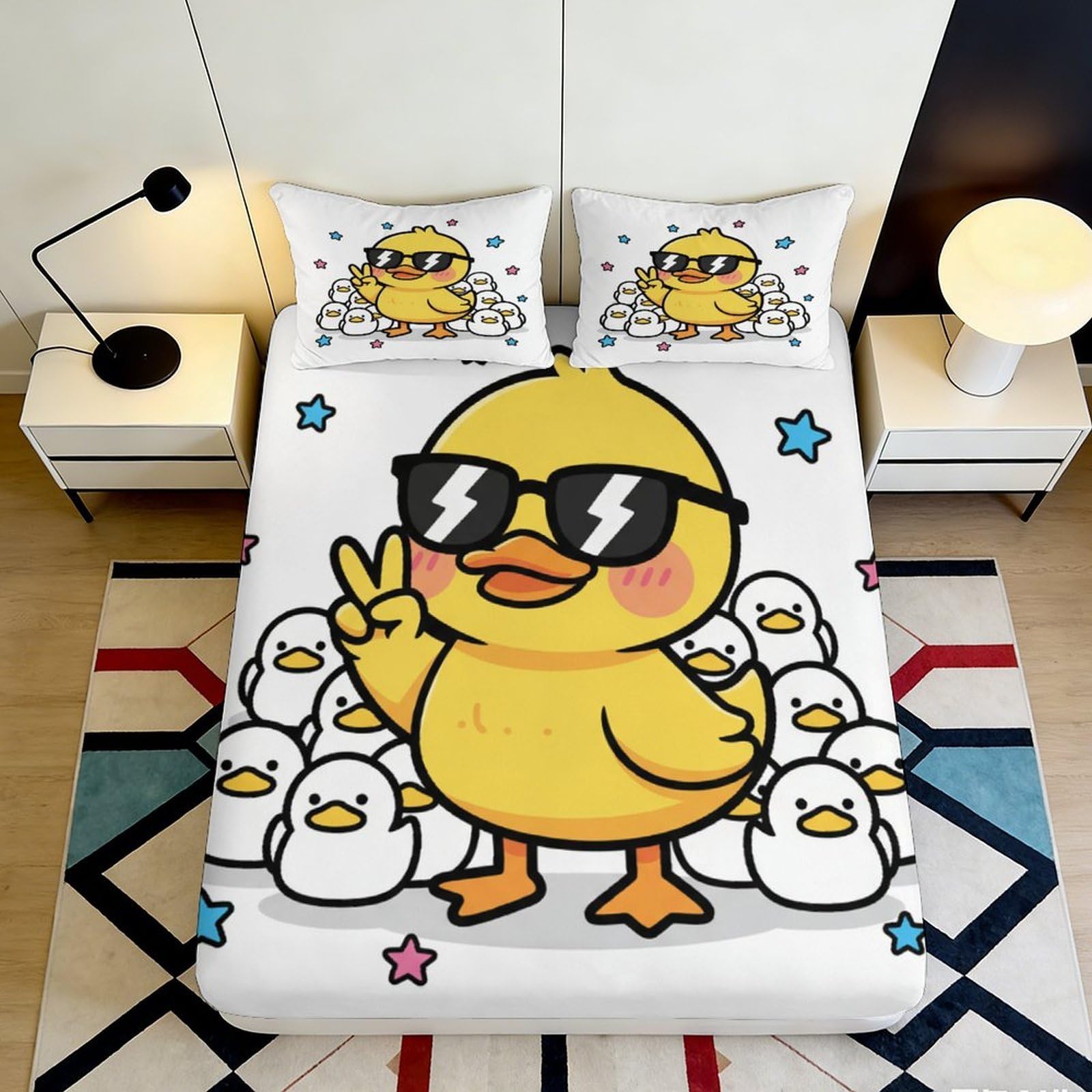 3D Printed Cartoon Duck Fitted Sheet Microfiber Soft Anti-Slip Yellow Duckling Bed Cover for Bedroom Dorm Mattress Protection Decor 140x200x25cm