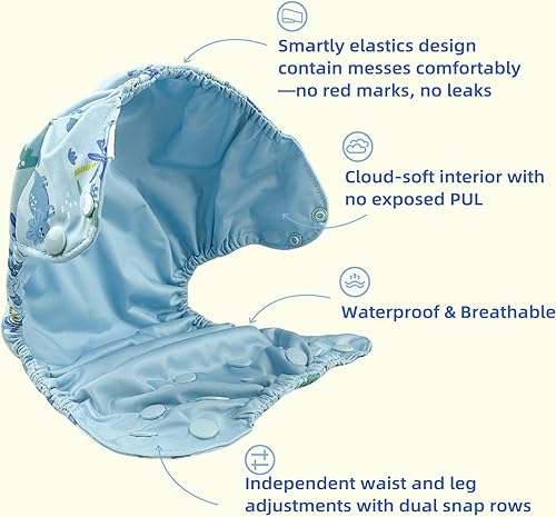 Miniatura 2 de Pañal de tela impermeable reutilizable  Cubierta exterior ajustable sobre una capa interior absorbente para evitar explosiones de orina  Dinosaurio