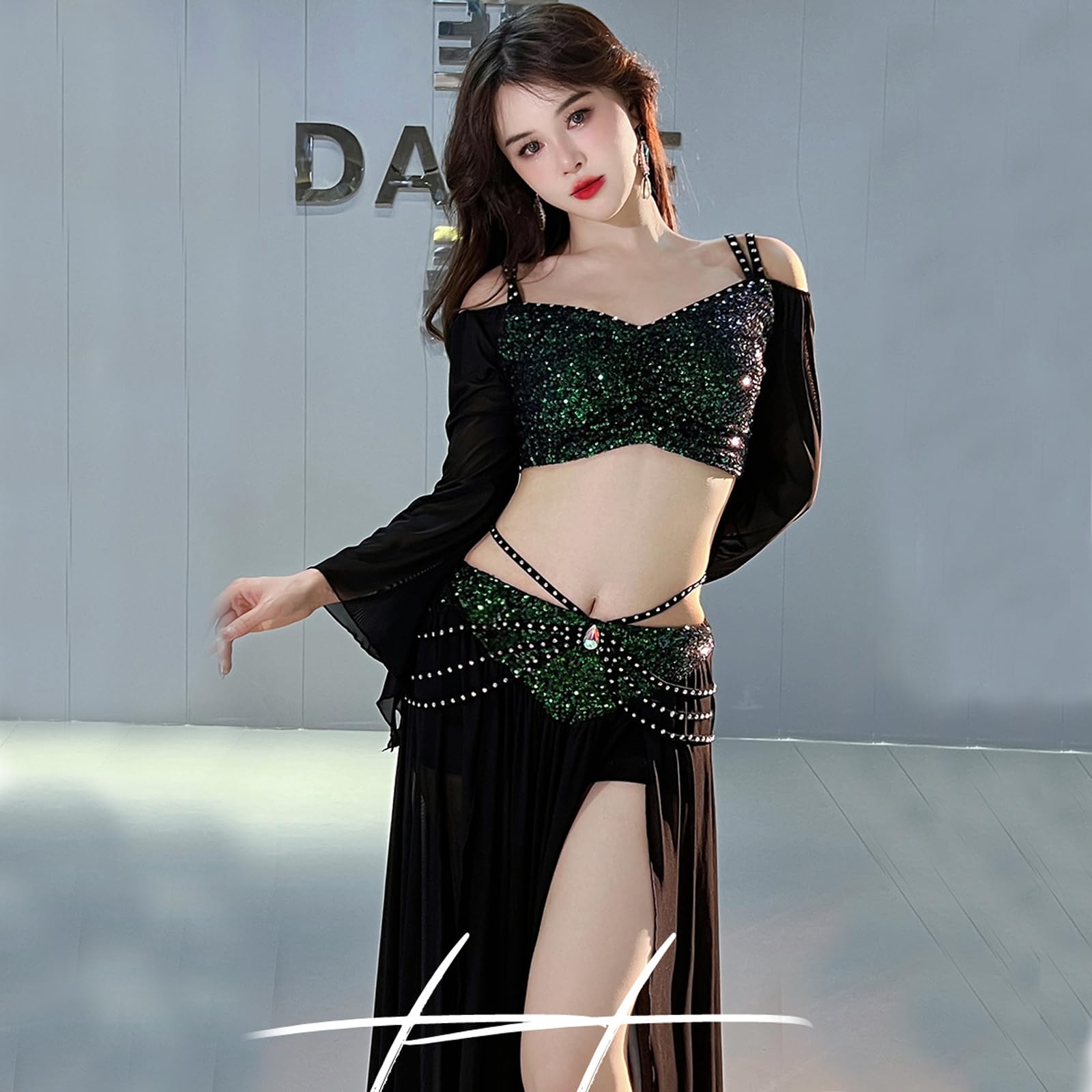 Costumi di Danza del Ventre da Donna, Top Corto con Paillettes Lucide, Gonna da Ballo con Spacco, Abiti di Danza del Ventre di Carnevale di Halloween,Nero,M