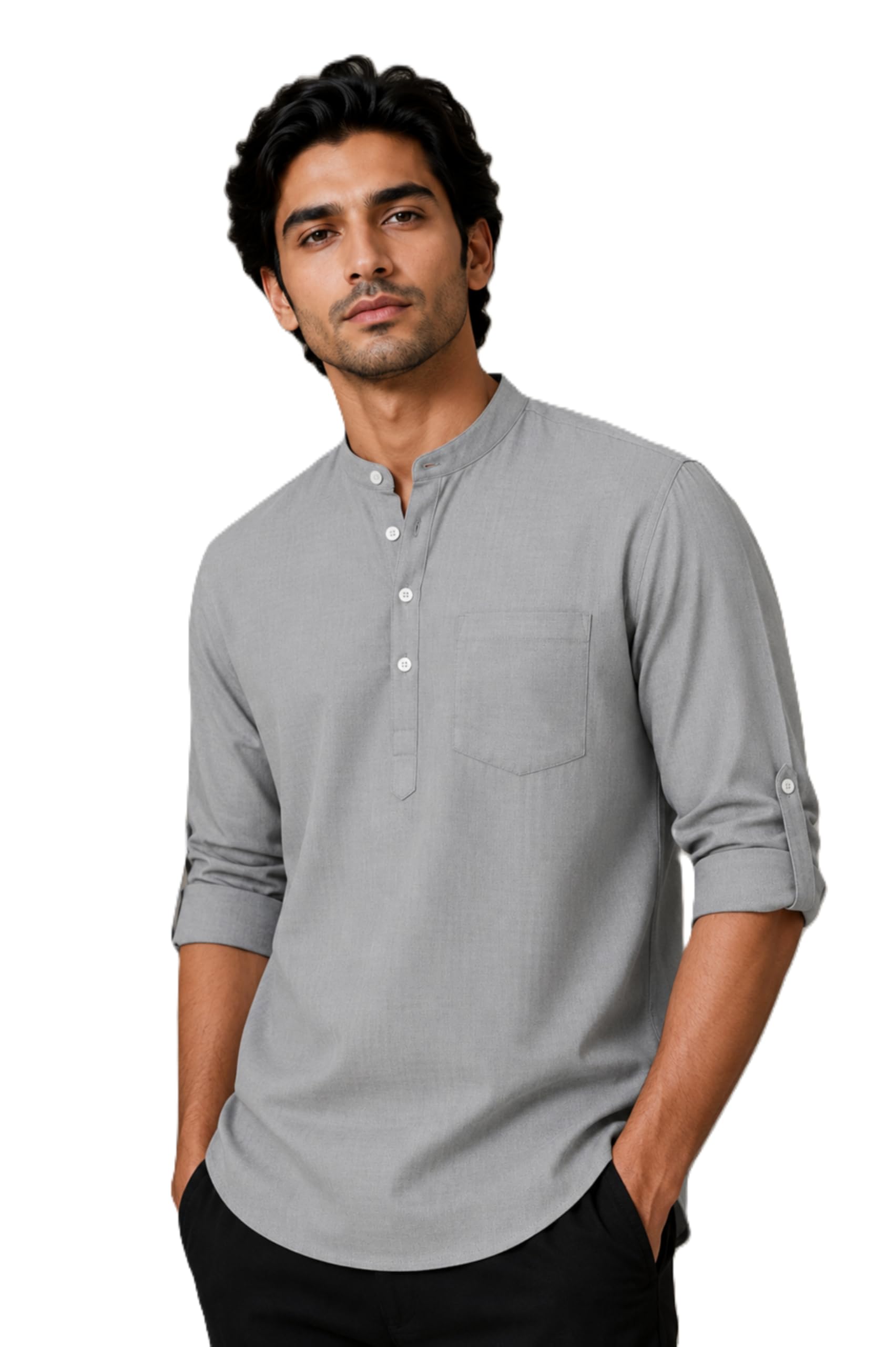 Men's Cotton Linen Blend Relax Fit Short Kurta | Mandarin Collar | Roll-Up Sleeves | Hip Length | Solid Gray-picture-36