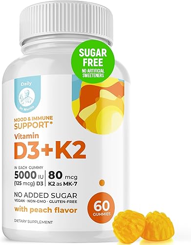 DR. MORITZ Gomitas de vitamina D3 (5000 UI) con K2, para adultos y niños, gomitas de vitamina D3 K2 para apoyo inmunológico y salud ósea, veganas