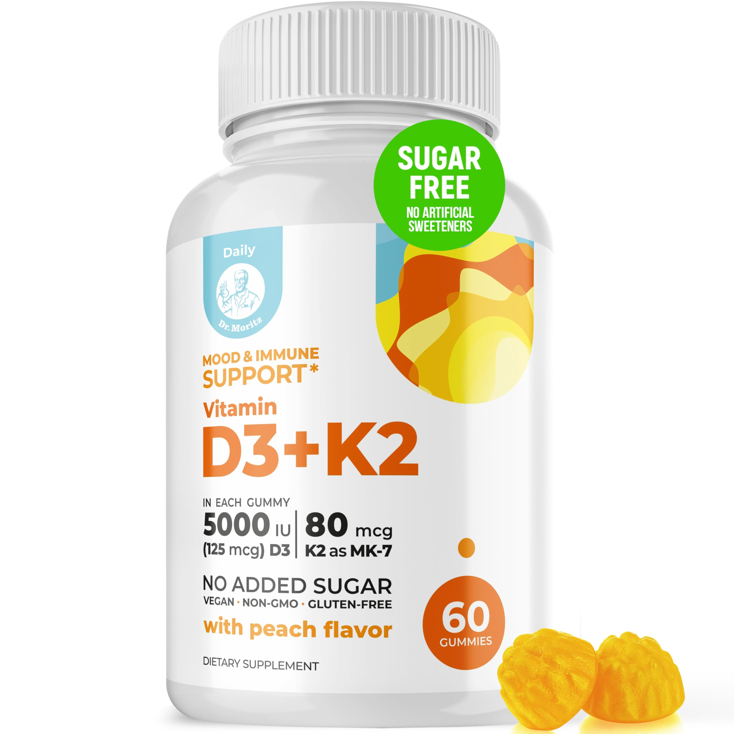 DR. MORITZ Vitamin D3 Gummies (5000 IU) with K2 - for Adults and Kids - Vitamin D3 K2 Gummies for Immune Support & Bone Health - Vegan, Sugar Free, Gluten Free (60 Count)