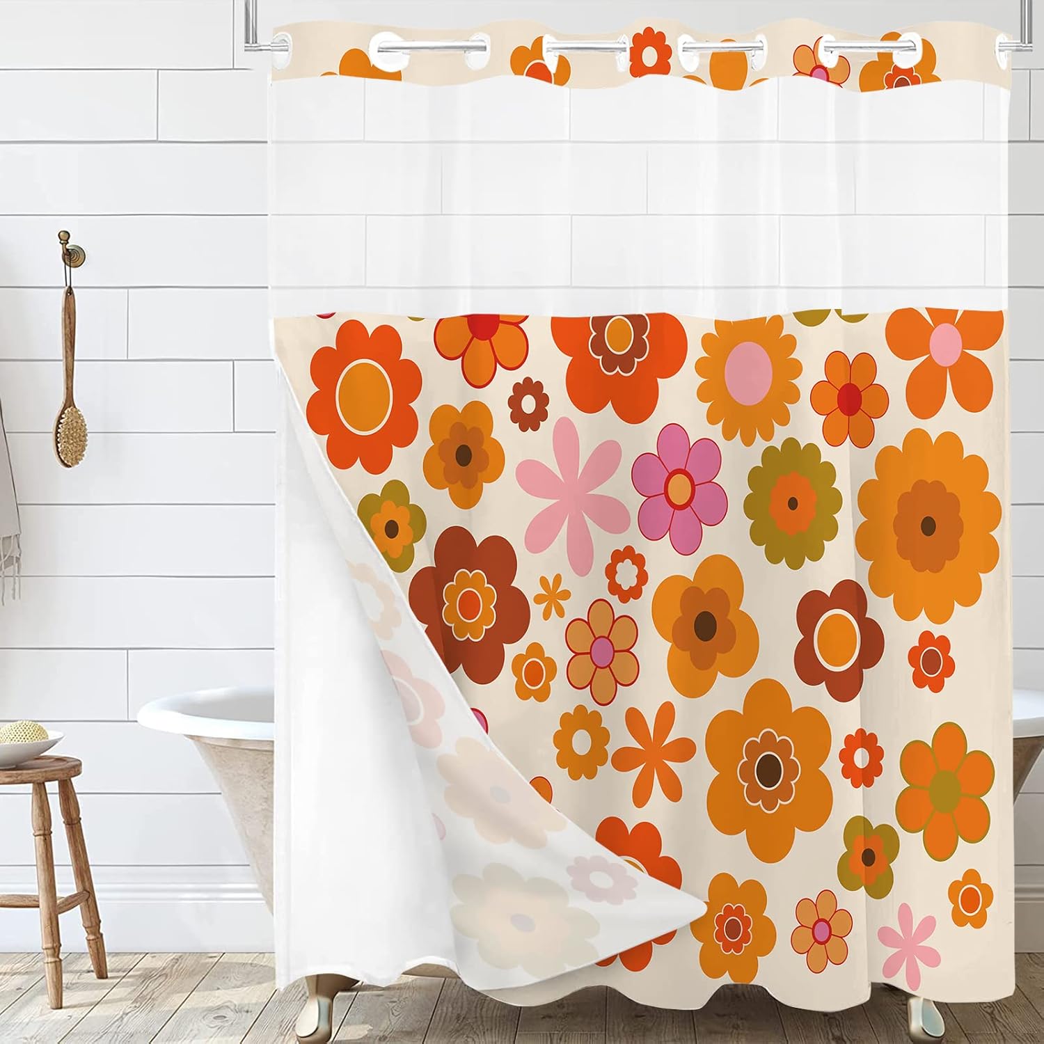 Amazon.com: Cute Flower No Hook Shower Curtain with Snap in Liner ...