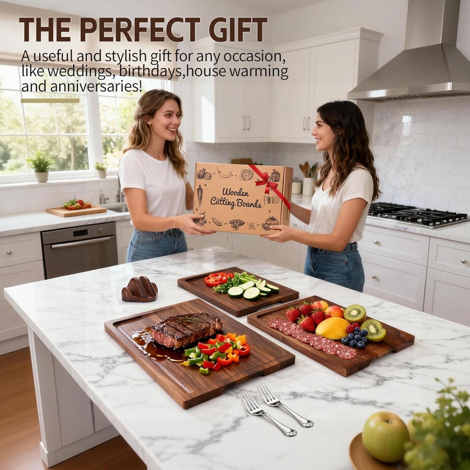 Walnut Cutting Board Set of 3 Handmade Wooden Chopping Boards with Holder, Deep Juice Grooves Side Handles Reversible NonToxic Serving, Gift for Mother's Day, Housewarming Wedding