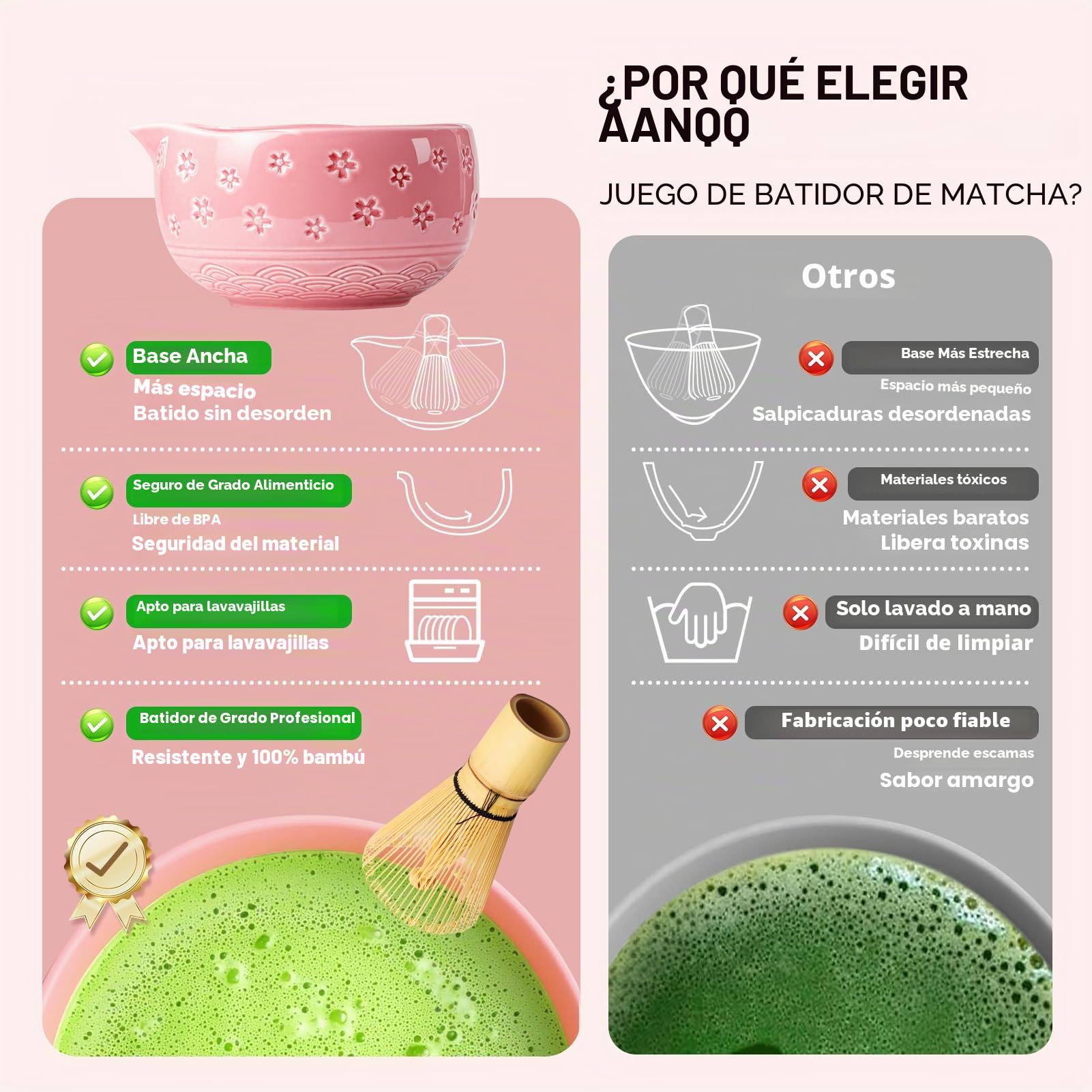 AANQQ Kit Matcha Rosa: Matcha Set 7 piezas - Cuenco de matcha con pico 560 ml - Chasen bambú matcha - Cuchara matcha y Colador de matcha Kit té matcha, Ideal para principiantes y amantes del matcha