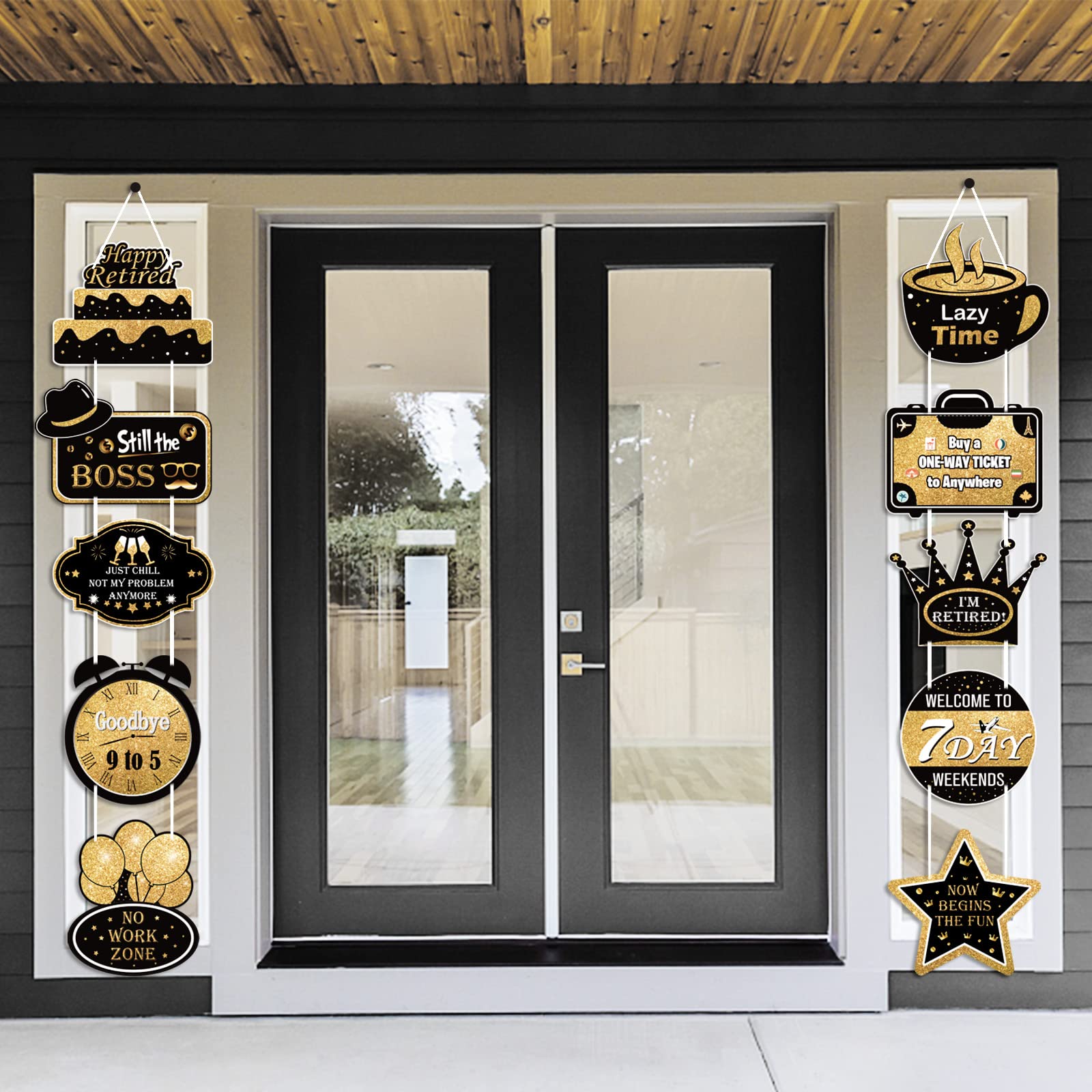 Photo 1 of Large Retirement Party Decorations, Retirement Party Supplies Hanging Porch Signs, 10 Pieces Happy Retirement Banner for Woman & Man, Black and Gold