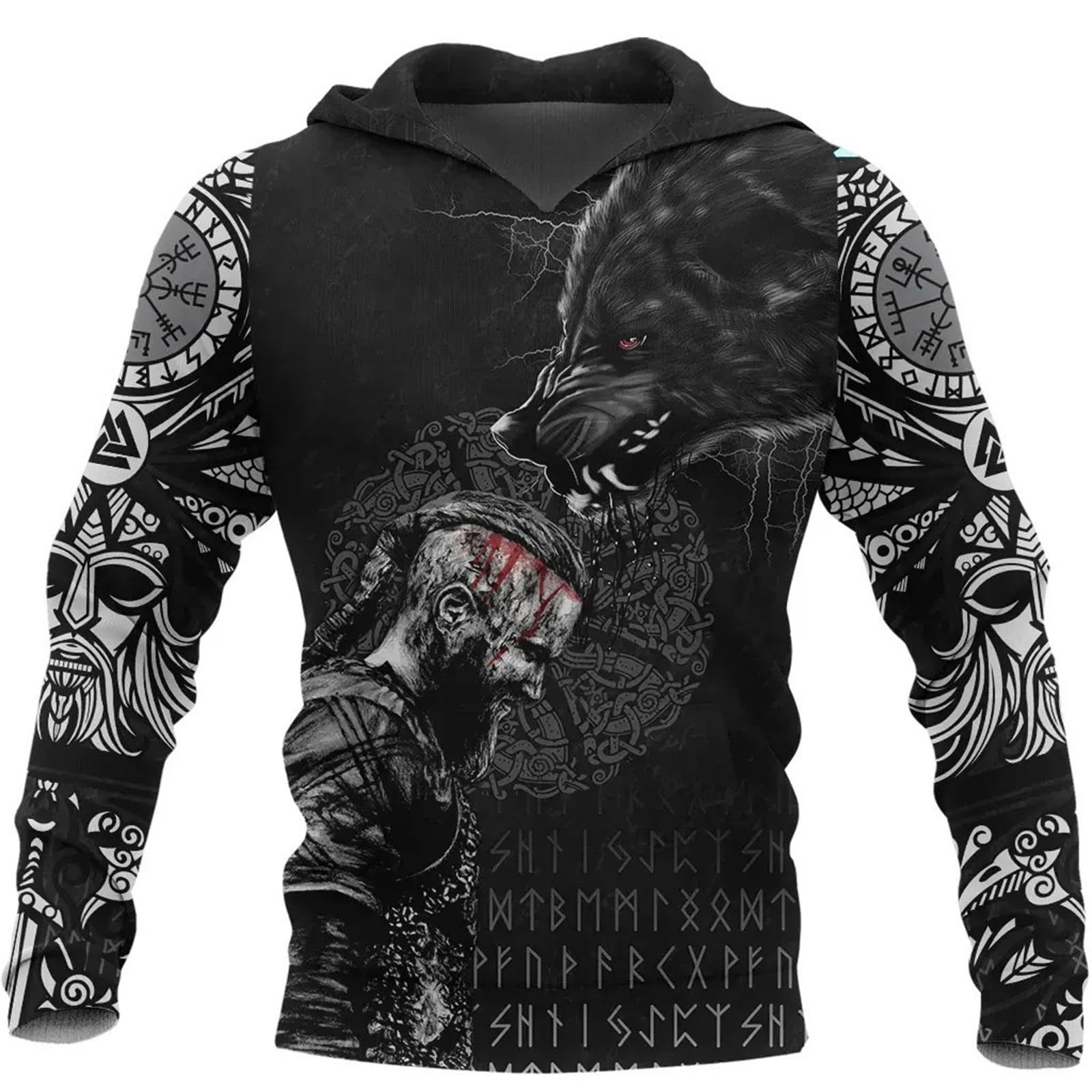 Keepmore Men's # 3 Viking Hoodies Wolf 3D Printed Long Sleeve Sweatshirt Norse Mythology Loose Casual Sweatshirt With Pocket