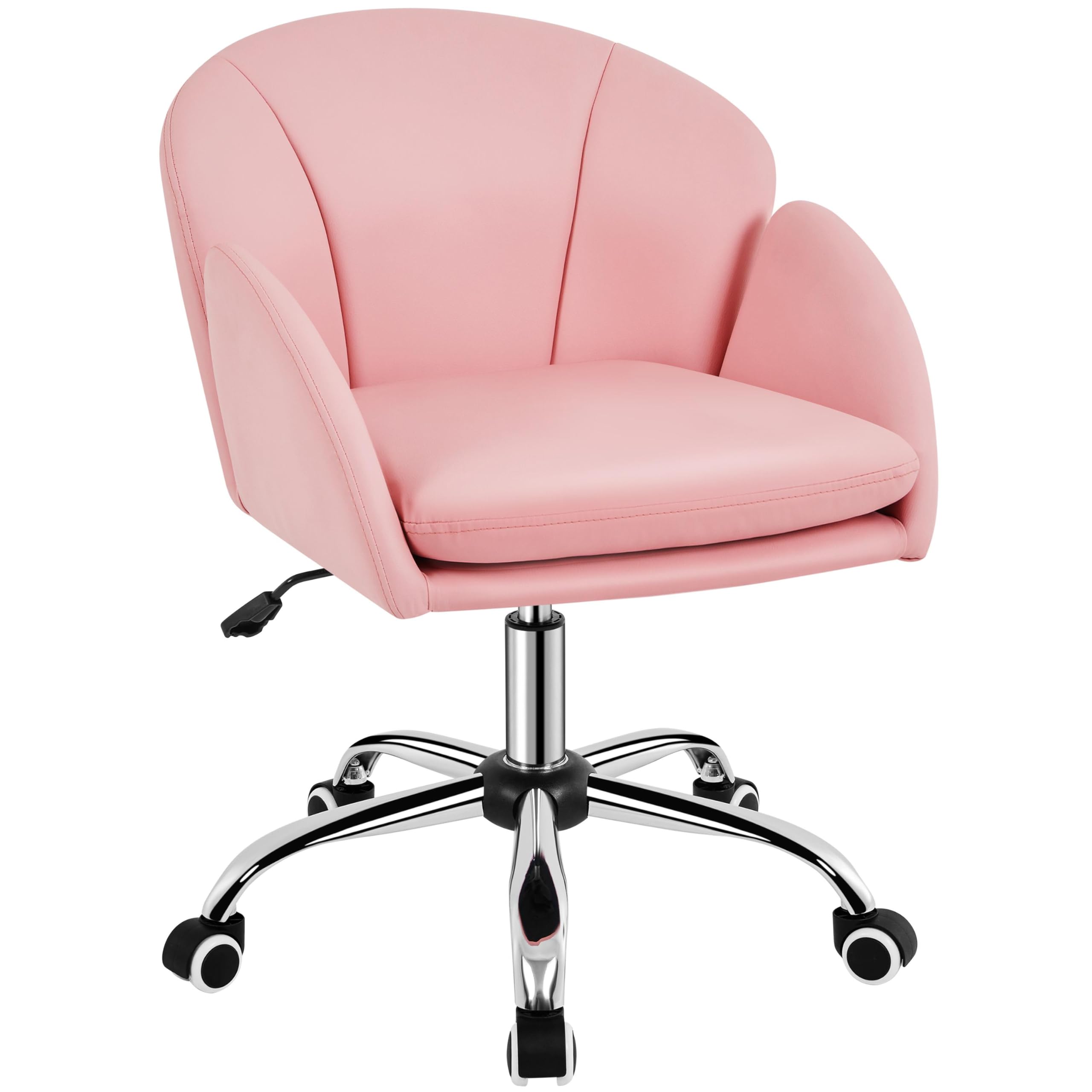 Cute Petal Desk Chair Home Office Chair Swivel Upholstered Leather Desk Chair Makeup Vanity Chair with Armrests for Bedroom Modern Computer Rolling Chair for Women Simple Pink