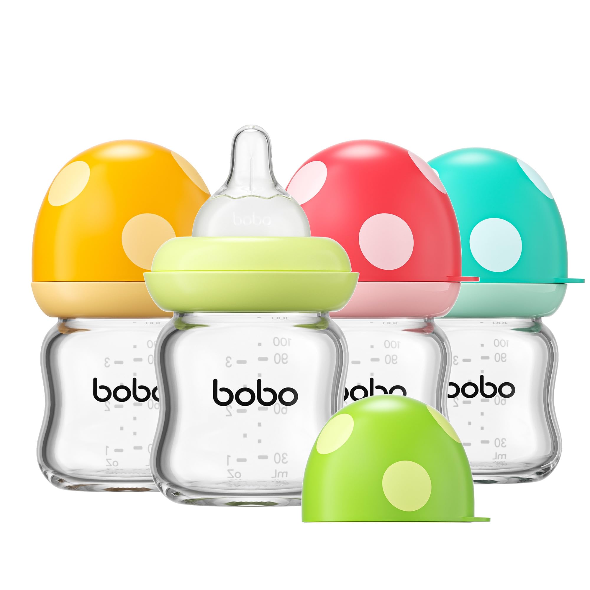 YOHKOH Weithals-Babyflasche aus Glas, Anti-Colic Glas-Babyflaschensets mit Ultra Soft Silikon-Sauger, für Neugeborene Babys ab 1 Monat (Mehrfarbig, 100ml (4er Pack))