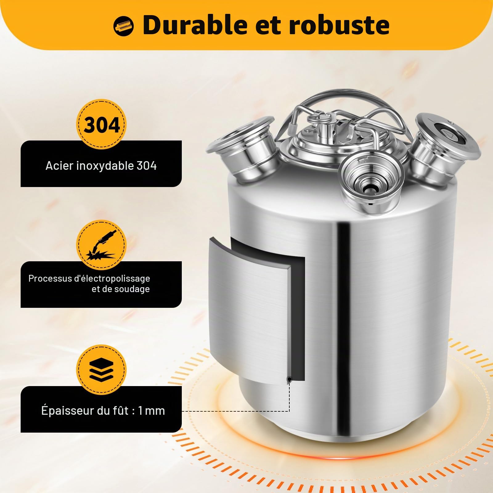 Fût de nettoyage de bière, en acier inoxydable, 10 l, à 3 têtes, avec 2 tonneaux A + 1 pic en S – Réservoir de nettoyage en acier 304 pour tireuses à bière, pubs et brassage domestique, avec