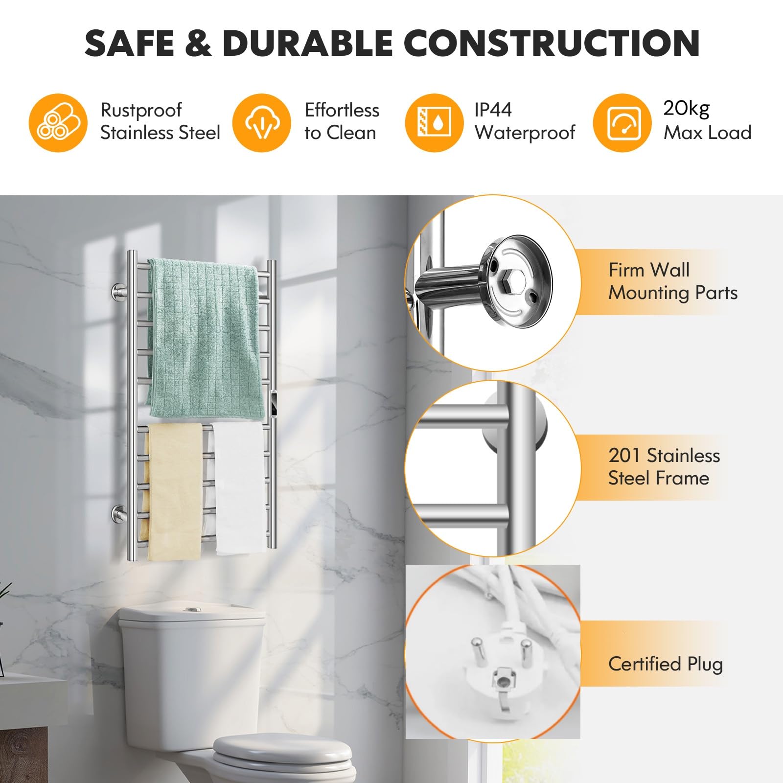 LIFEZEAL Toallero Eléctrico de Baño, Calentador de Toallas de Pared con Temporizador de 1-8H y Pantalla LCD, Toallero Caliente de Acero Inoxidable con 10 Barras, 120W