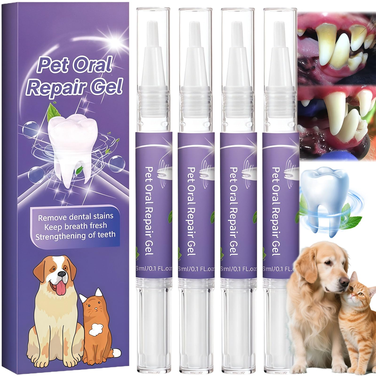 4Pcs Dog Teeth Cleaning Pen, Bad Breath Improve for Dogs, Puppy Teething Gel with Enzymatic Tartar Control, No-Brush Oral Condition Gel for Pets