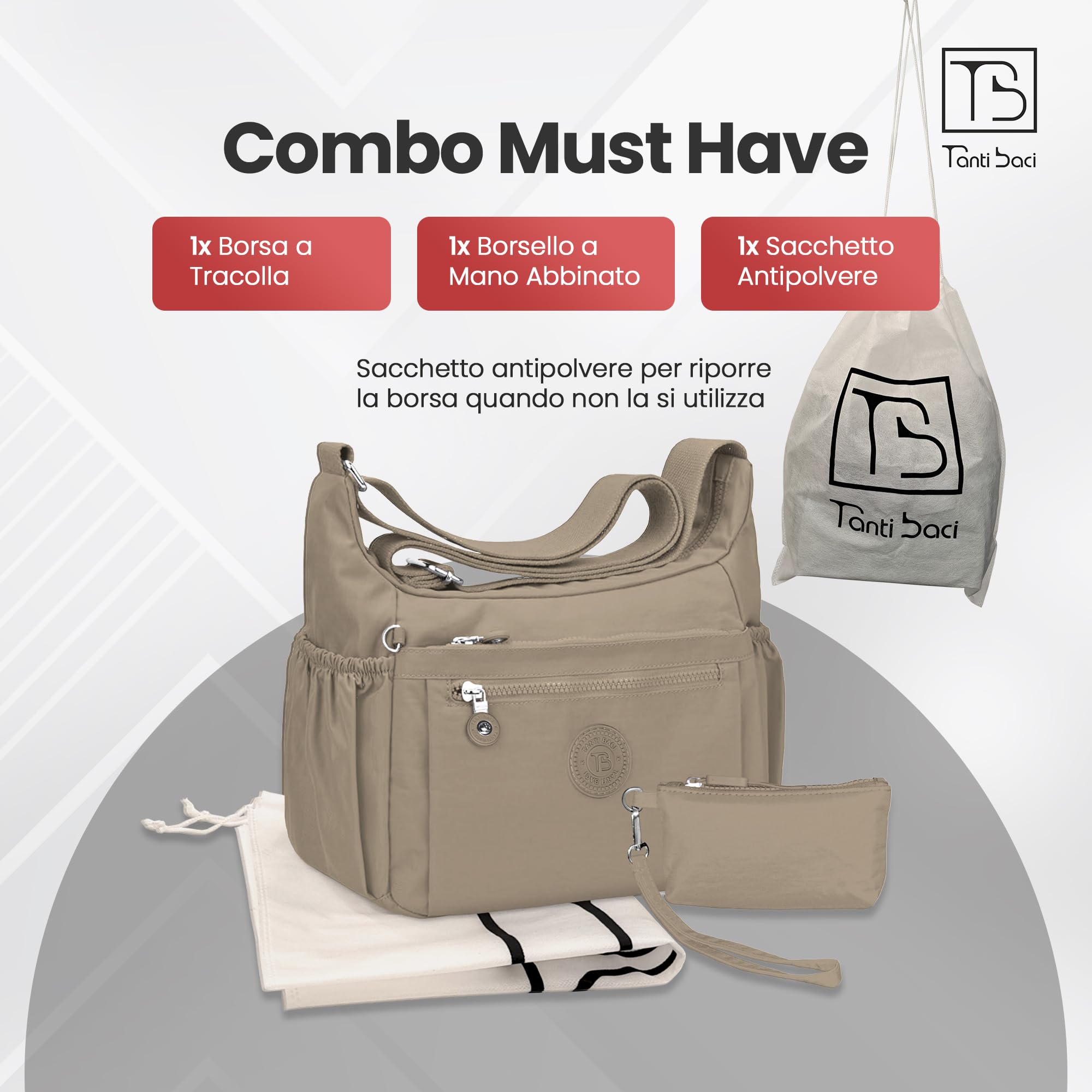 Tanti Baci Borsa a Tracolla Donna Impermeabile, Borsa a Spalla Grande, Multitasche con Tracolla Regolabile e Gancio Portachiavi Interno, Crossbody Leggera per Lavoro, Viaggio e Shopping
