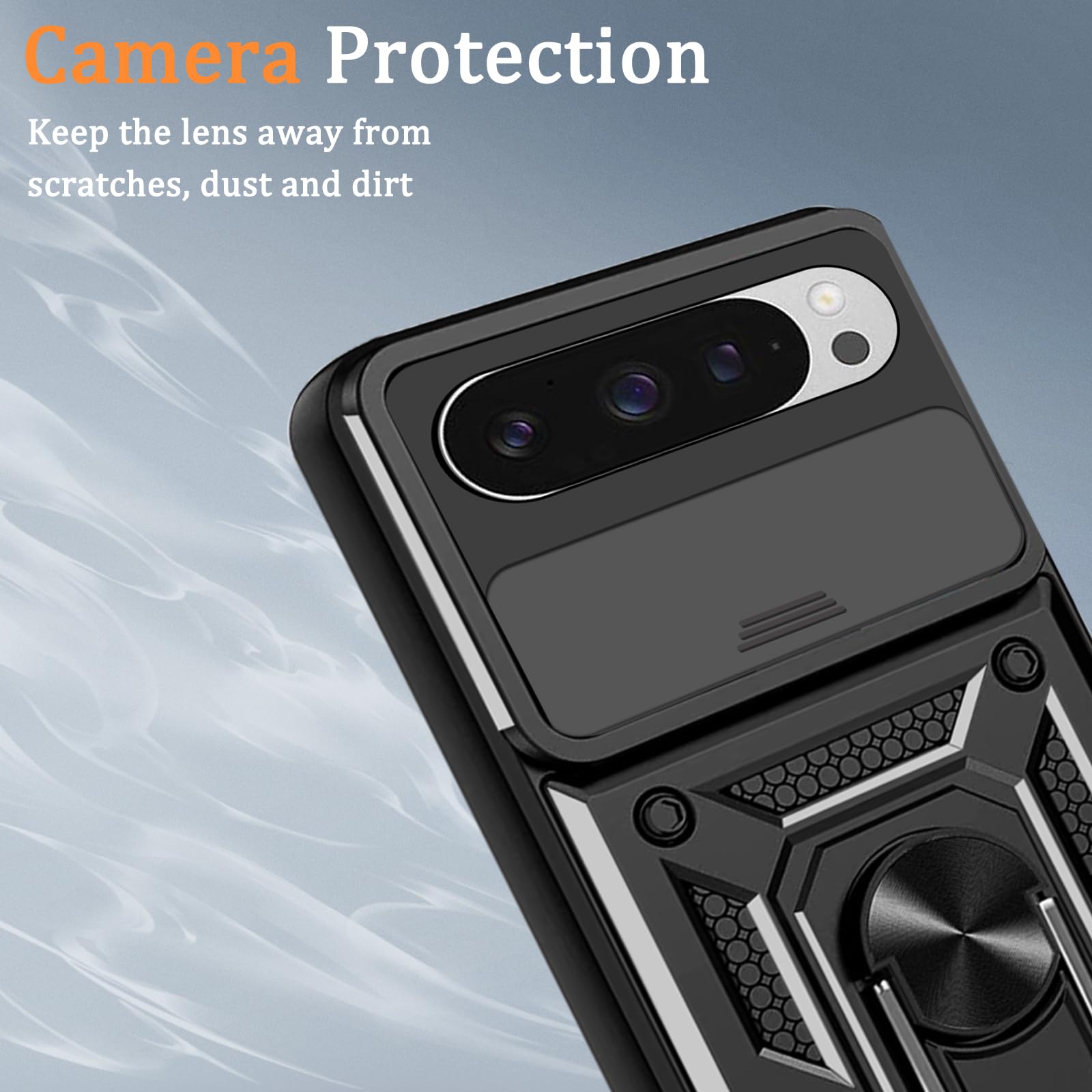 Cover Per Google Pixel 8, Slide Protezione Fotocamera, Armatura Cover Con 360 Gradi Girevole Anello Metallo Magnetica Supporto Silicone Antiurto Custodia Per Google Pixel 8, Nero - Foto 2