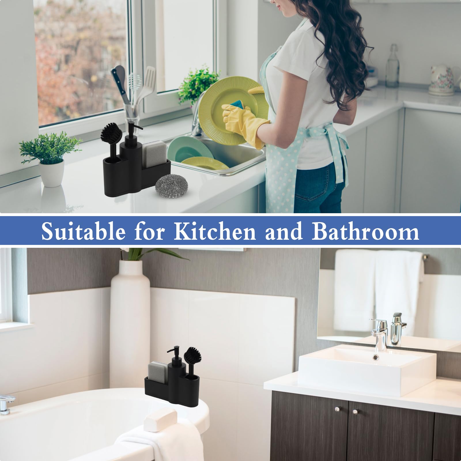 Dadabig Porta Spugne con Dosatore, Porta Spugne Lavello con Spazzola Spugna e Sfera d'Acciaio, Portaspugne per Lavello Cucina Organizer per Lavello 200ml, Nero