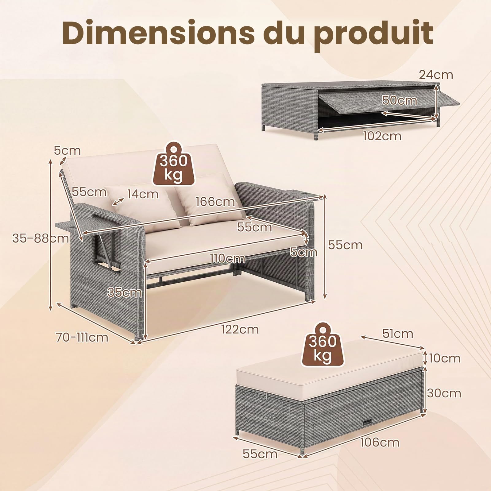 LIFEZEAL Salon de Jardin Extérieur avec Tabouret & Coussin pour 2 Personnes, Dossier Inclinable 4 Positions, Bain de Soleil Rotin PE, Table Appoint, 2 Oreillers, Charge 360 kg (Beige, Style 2)