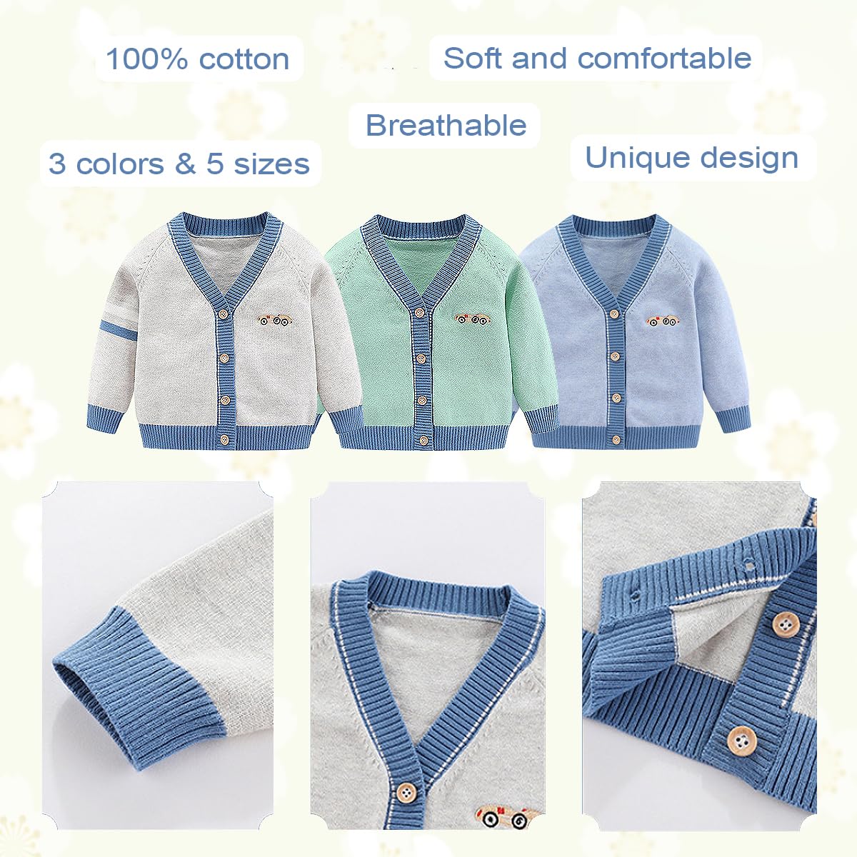 Chaqueta de manga larga para niños (cuello en pico) para niños pequeños con botones de punto para otoño e invierno