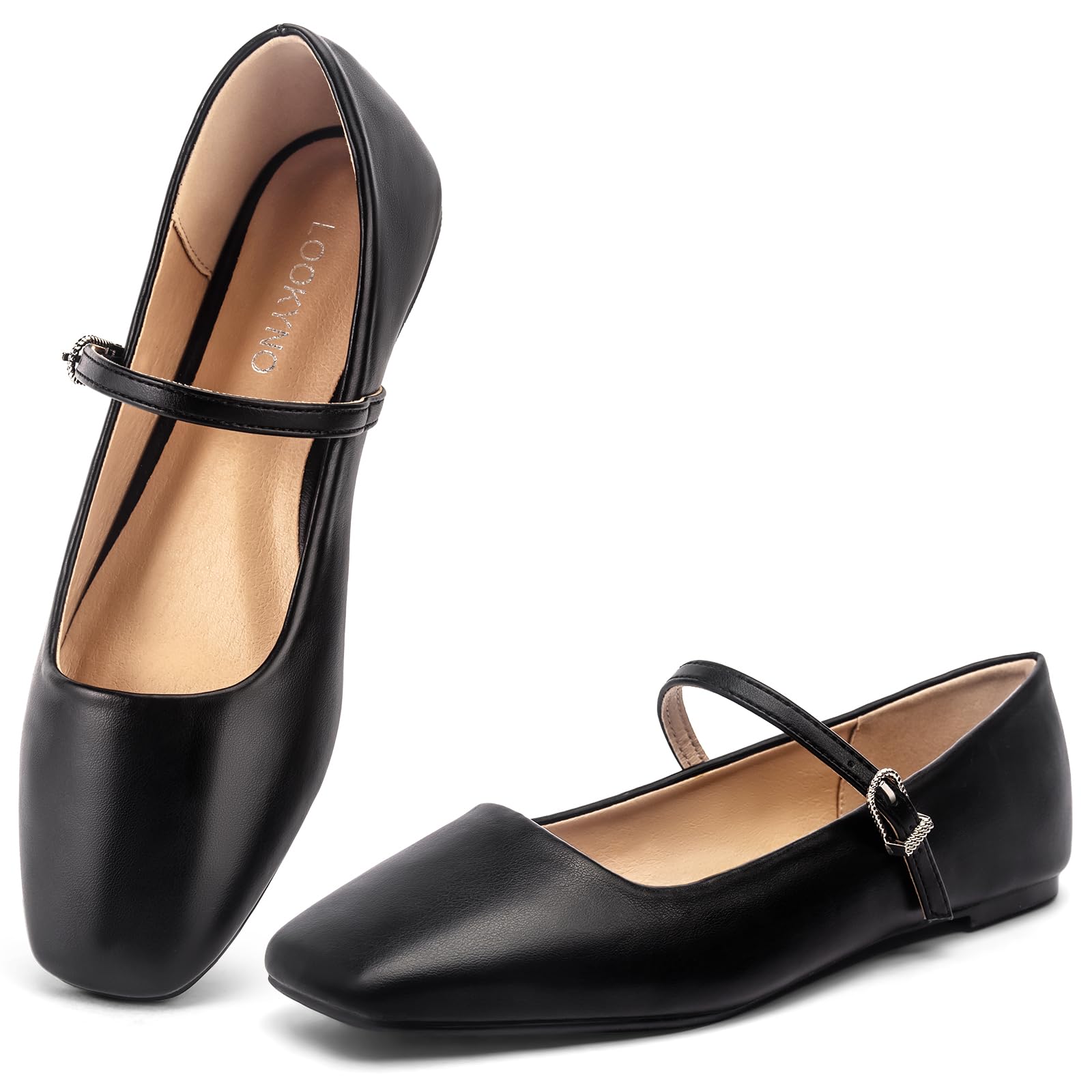 Photo 1 of Lookyno Womens Ballet Mary Jane Flats Shoes Adjustable Strap Square Closed Toe Chic Footwear with Latex Insole, Black, US 9