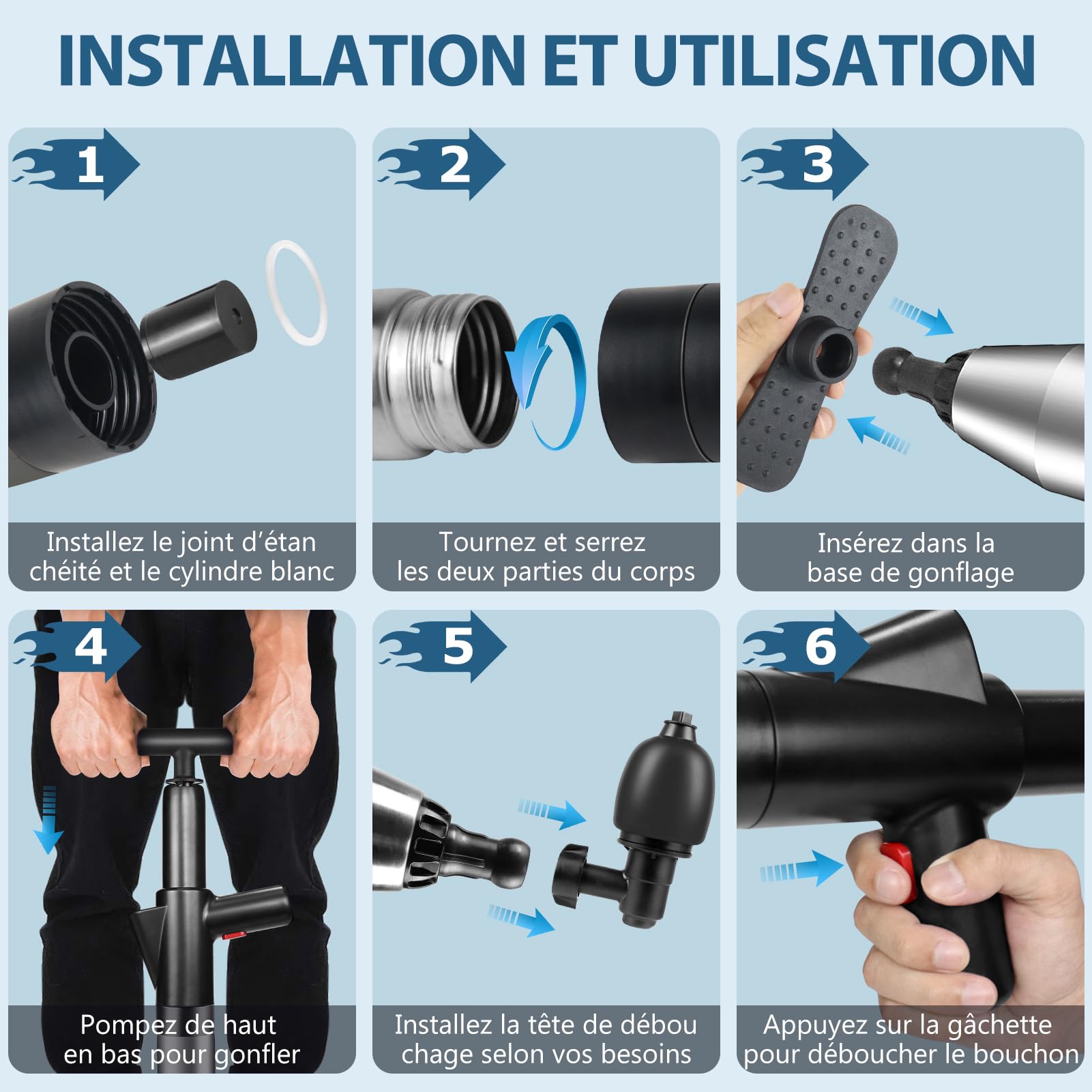 InShareplus - Desatascador de inodoro 5 en 1 de alta presión con barómetro – Desatascador de tuberías con 4 ventosas, guantes y ganchillo, para inodoro, lavabo, bañera, suelo – negro