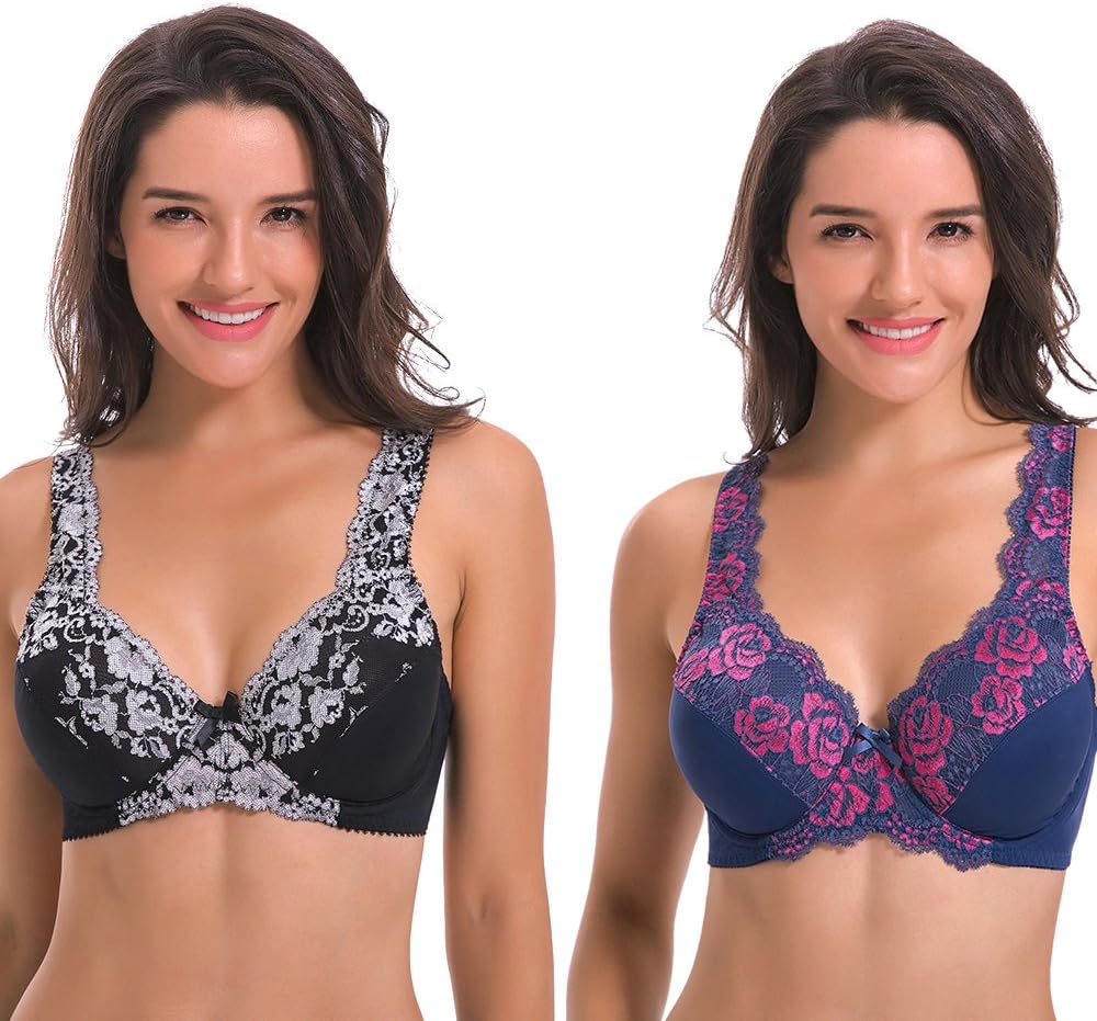 Curve Muse Women's Minimizer Unlined Underwire Bra With Lace Embroidery-2 pack