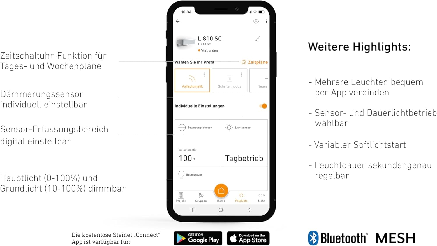 Infographic showing features: LED, sensor, range, Bluetooth, warm-white, lux, timer, soft start