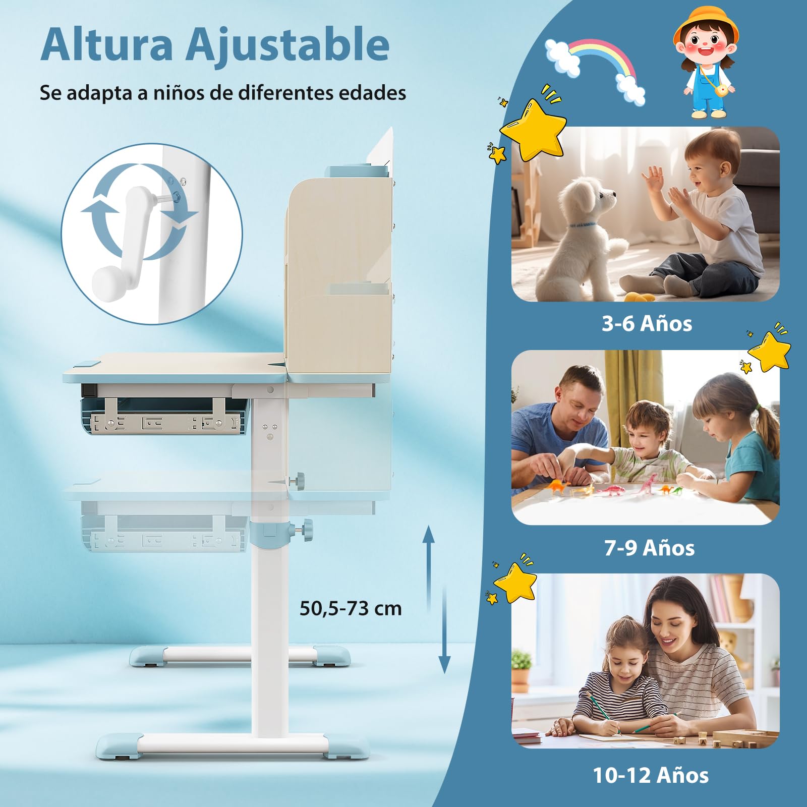 GOPLUS Escritorio de Estudio Infantil Multifuncional con Escritorio Inclinable, Mesa de Estudio para Niños Altura Ajustable, Cajón Extraíble, Soporte para Libros, para Niños de 3-12 Años (Azul)