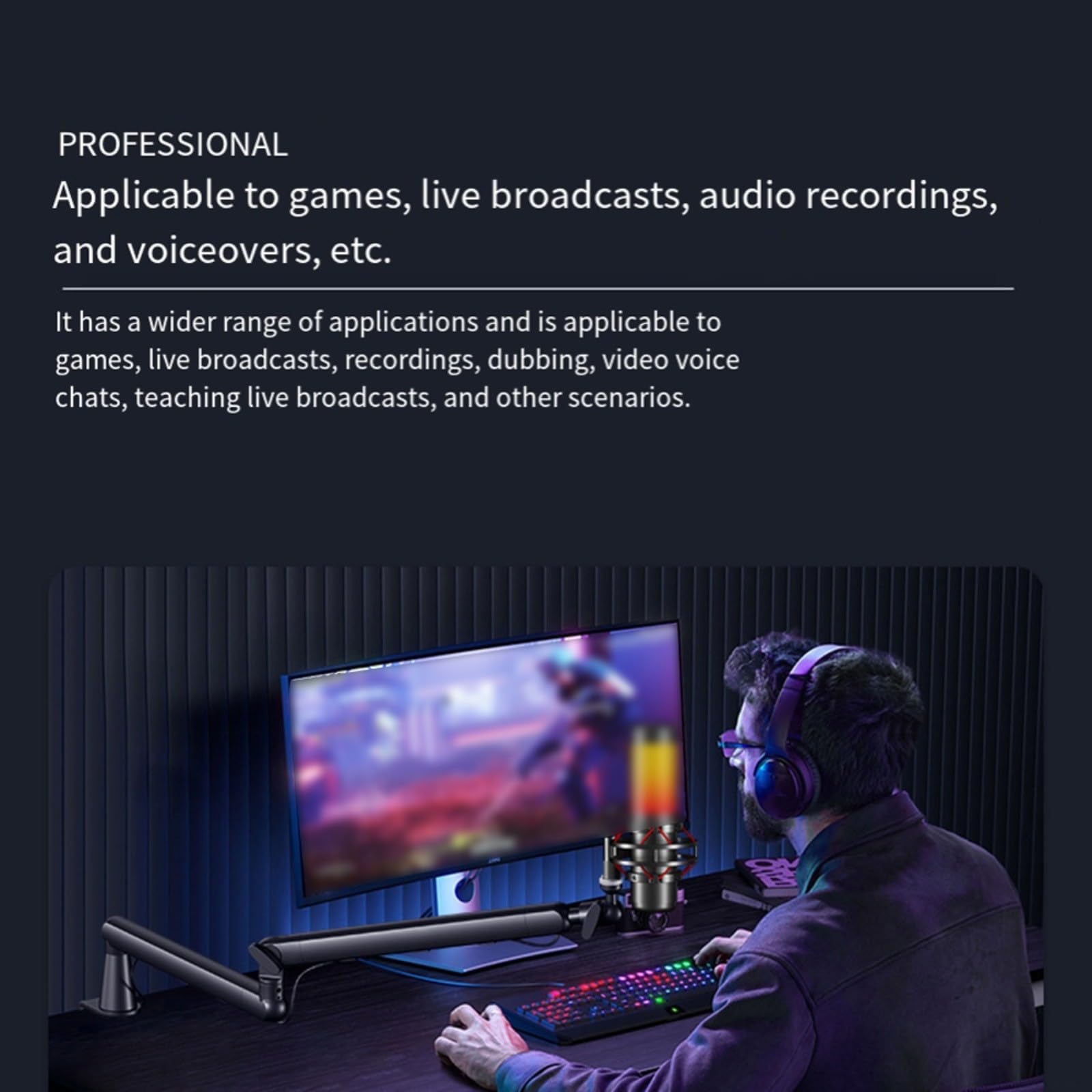 Supporto per microfono in metallo per scrivania, staffa a braccio regolabile per registrazione e live streaming, supporto stabile da studio con elegante finitura nera, facile e veloce da usare