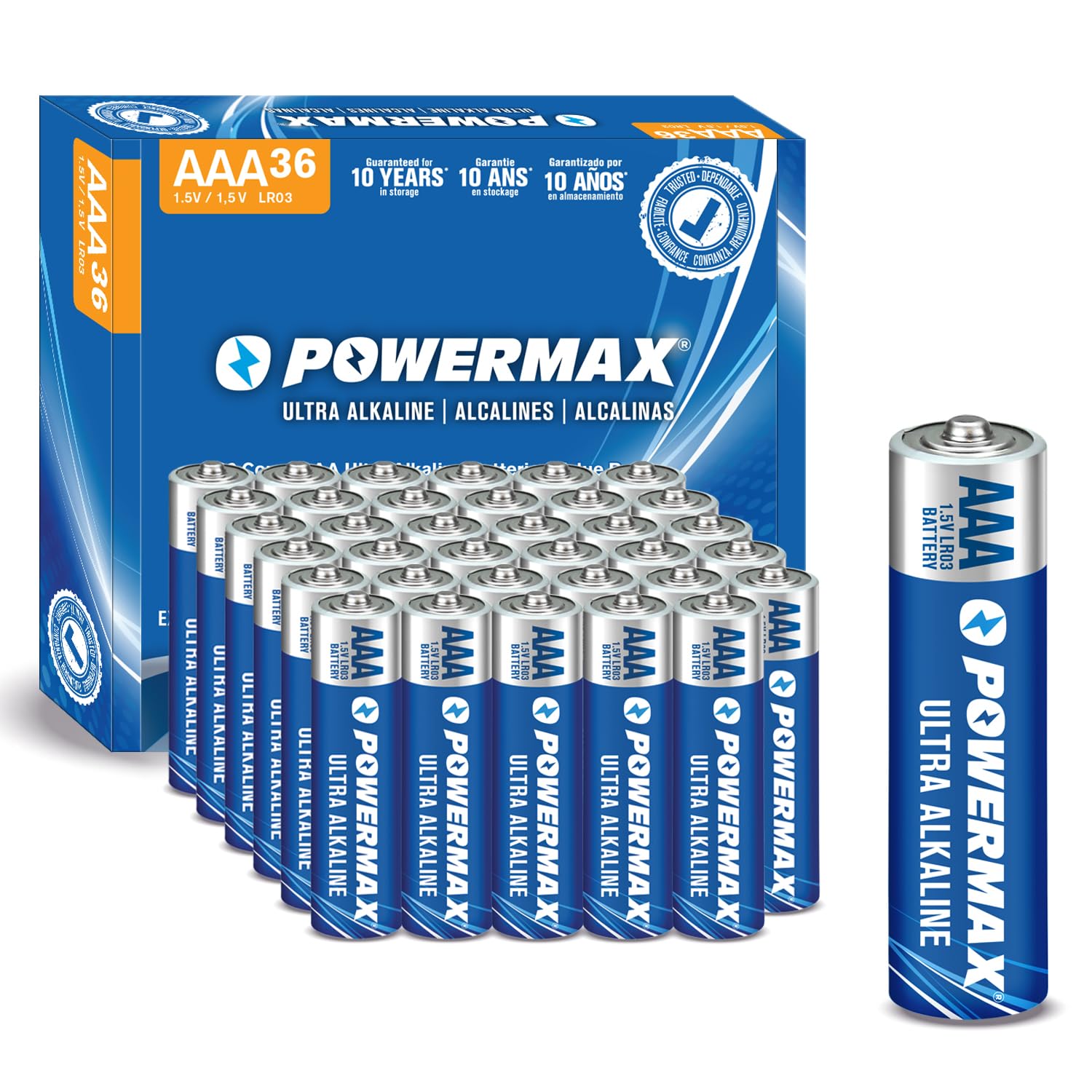 Powermax 36-Count AAA Batteries, Ultra Long Lasting Alkaline Battery, 10-Year Shelf Life, Recloseable Packaging