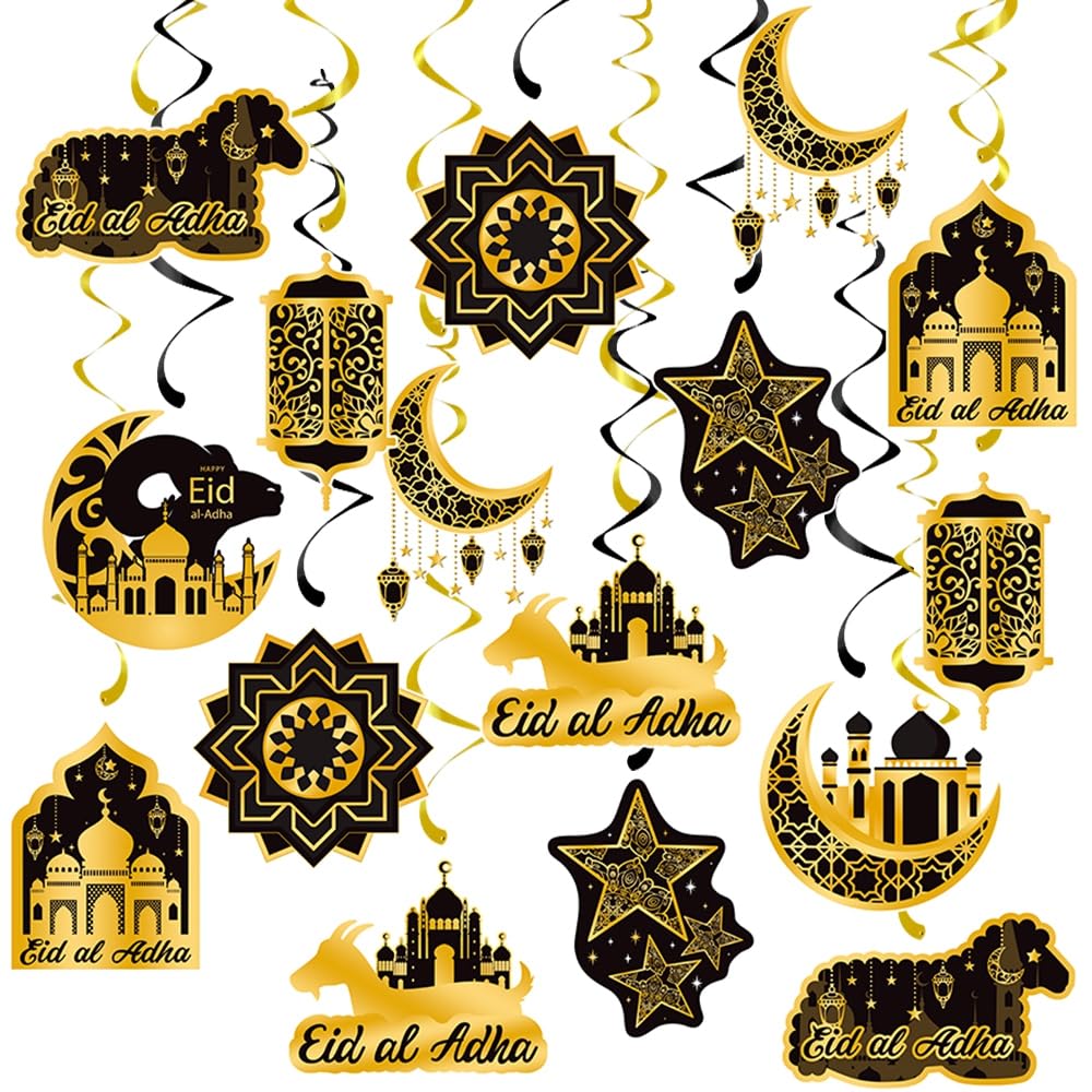 18 Pcs Ramadan Mubarak Decorations Hanging Swirls, Eid Mubarak Pendants, Ramadan Decorations Hanging Streamer for Party Supplies, Eid Al-Adha (Black-Gold)