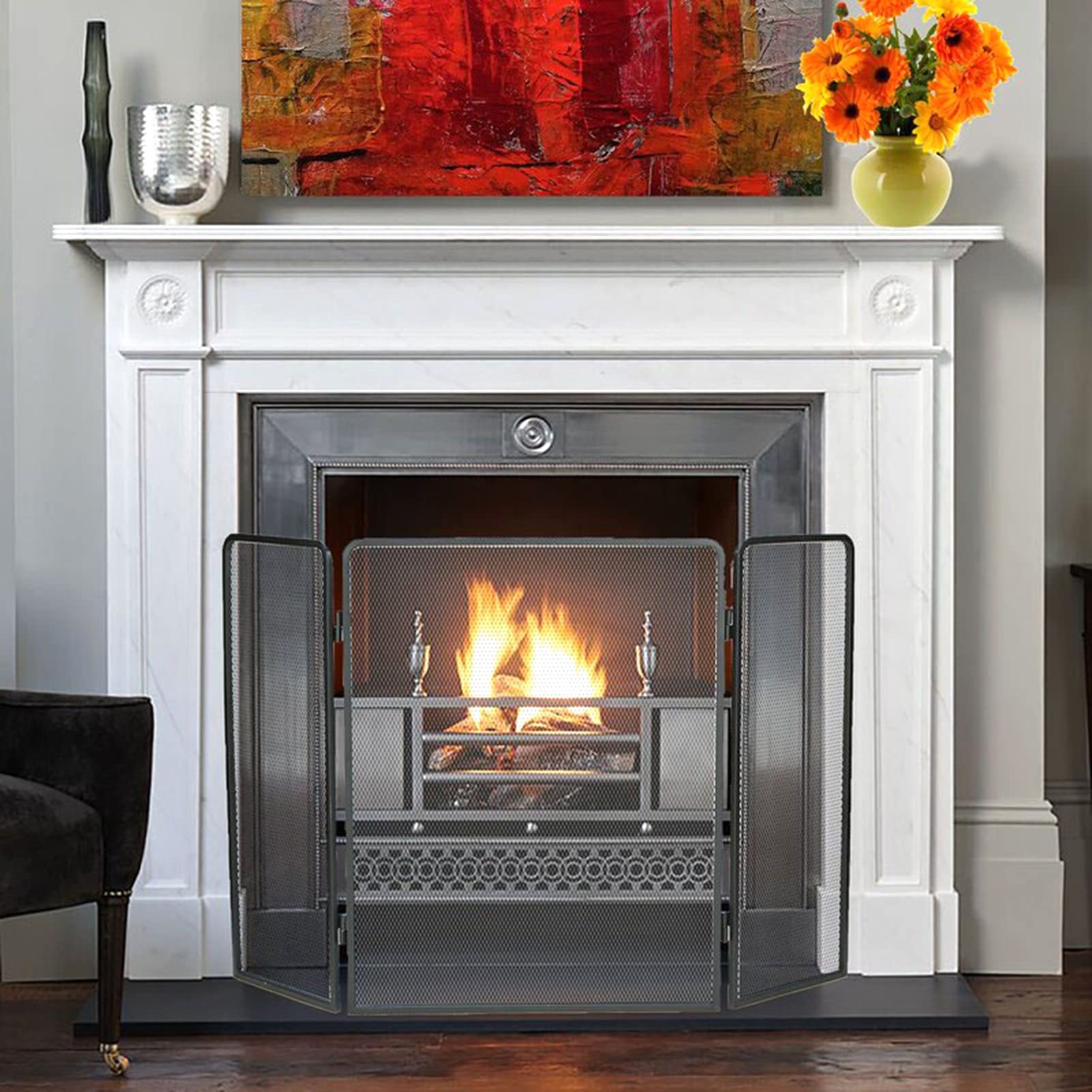 GTPBAO Salvachispas Chimenea Mamparas De Protección Sencillas para Chimeneas De Pórtico, 122×80cm, Malla De Hierro Forjado, Protección Antiescaldaduras para Chimenea