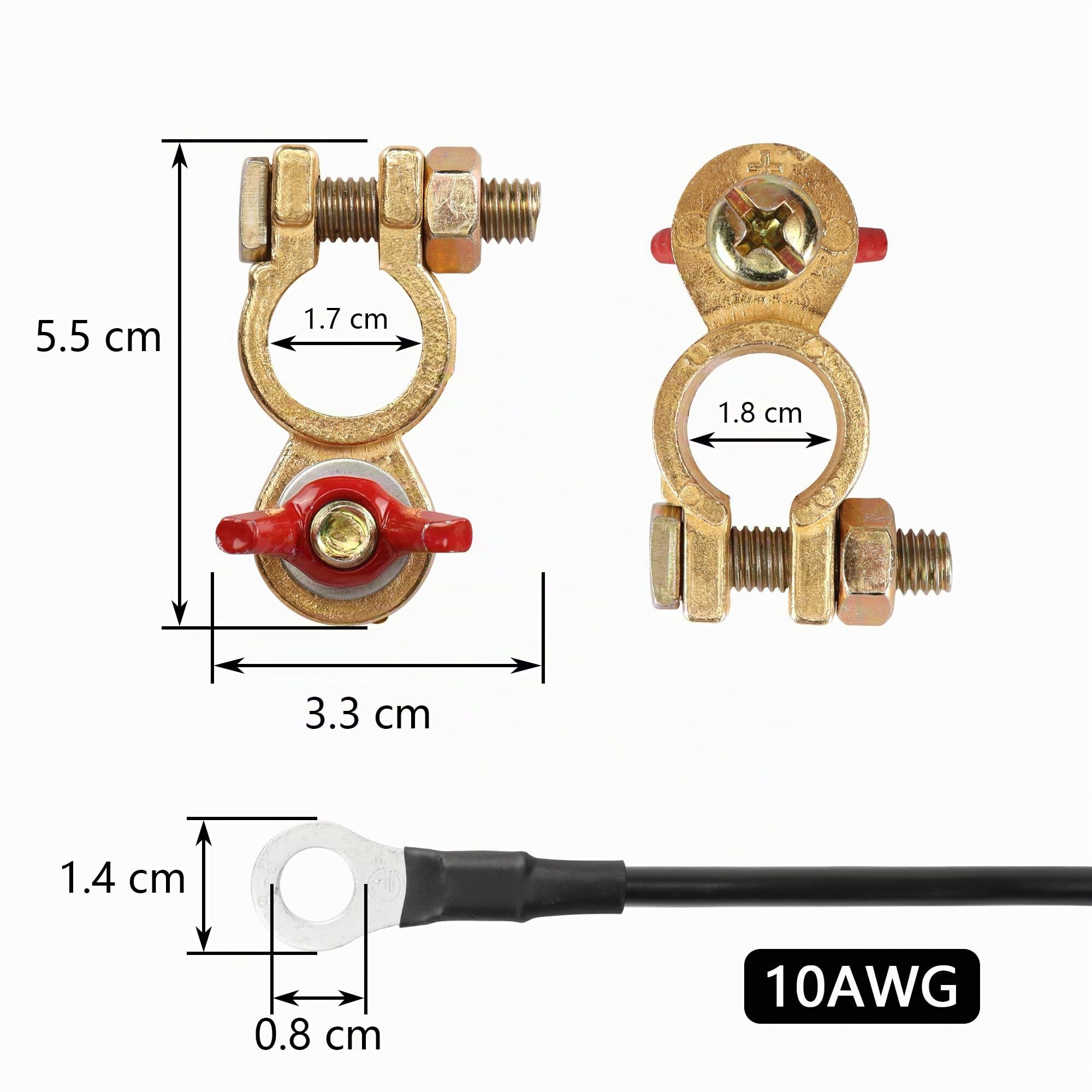 CERRXIAN 1 coppia di connettori terminali batteria, cavi da 10AWG, conduttori in lega di rame rosso e nero, morsetti con attacco a dado M8 per auto, marino, solare, camper, moto