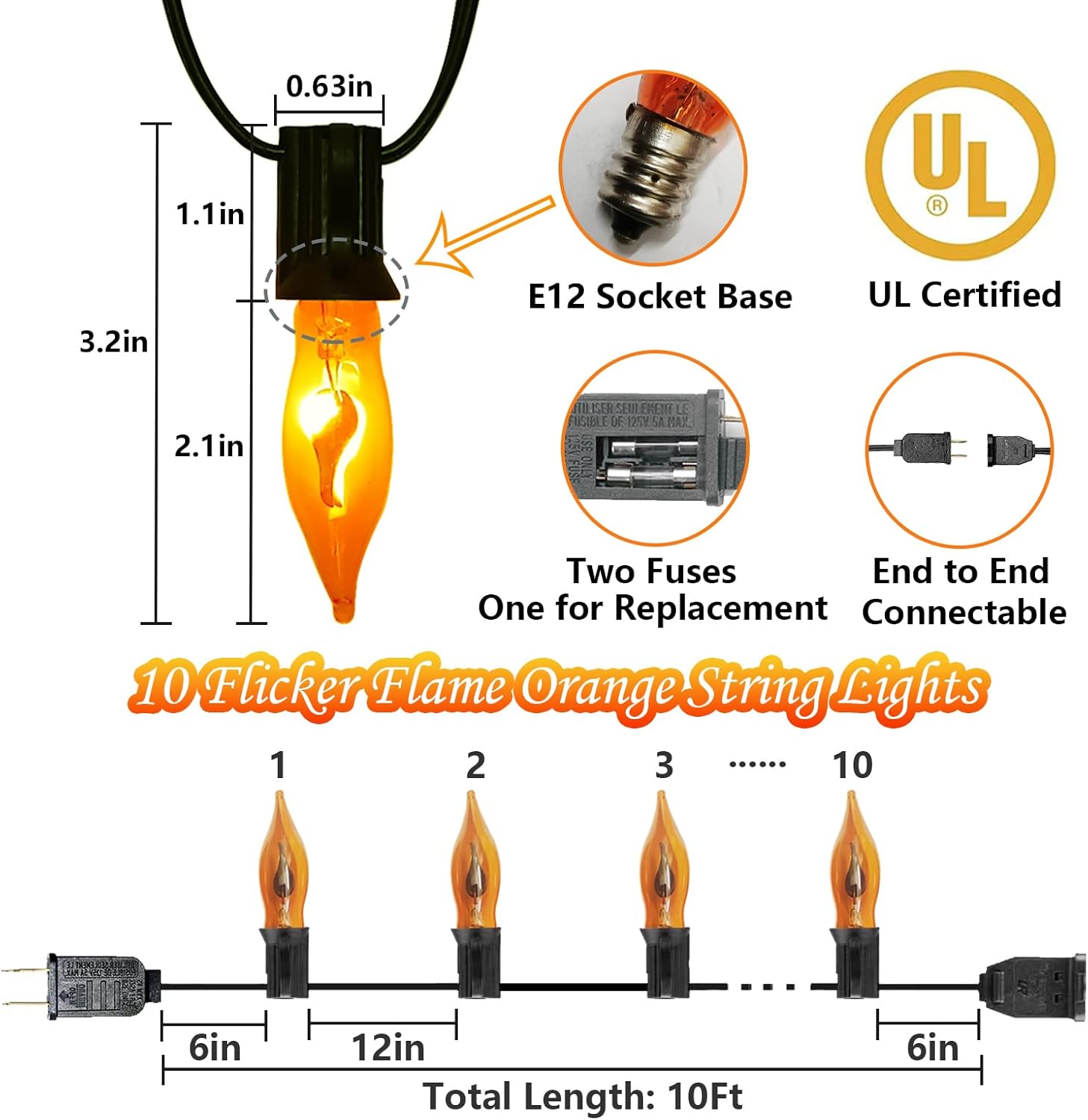 Christmas Flickering Orange String Lights Outdoor, 10Ft Flicker Flame Light 10 C7 Flame Bulb Lights, Outside Orange Light Plug in for Indoor Balcony Patio Party Christmas Halloween Decorations