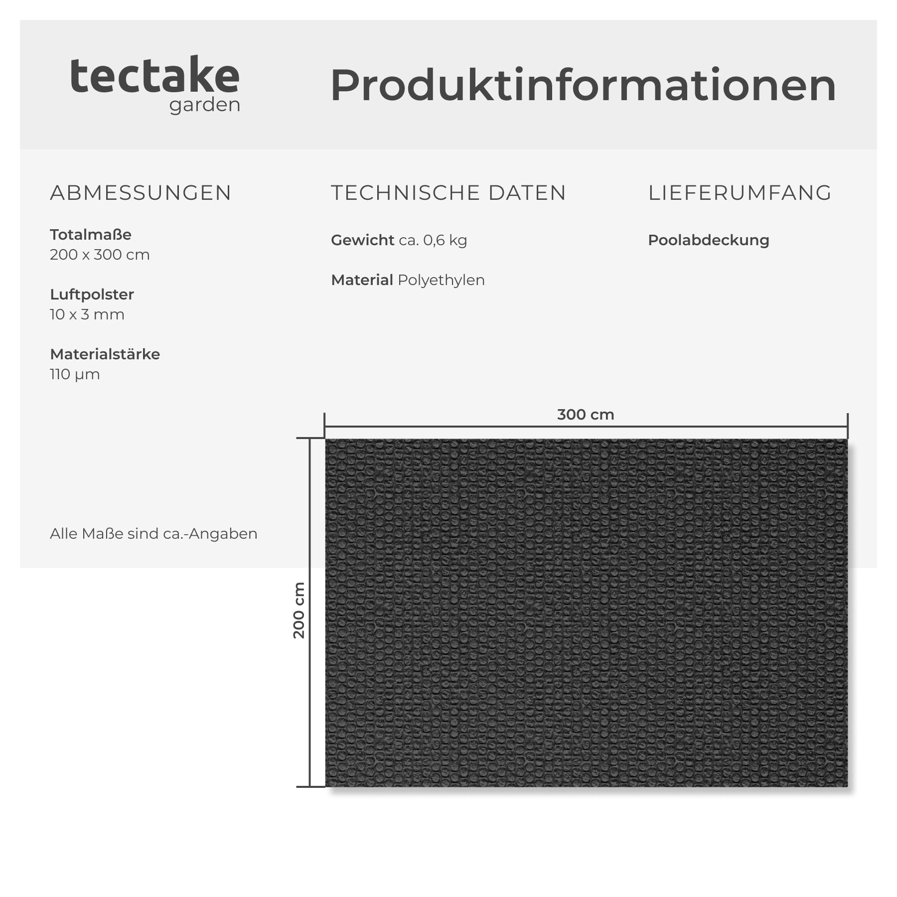 tectake® Poolabdeckung rechteckig, 200x300 cm, rechteckig, selbstschwimmend, zuschneidbar, 110 μm Stärke, Solarfolie, Schutzfolie, Poolschutz, Schwimmbadabdeckung, Poolabdeckplane - schwarz