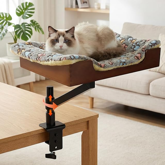 Hivexagon Cama de Escritorio para Gatos con Elegante Base de bambú y Suave colchón. Estable y Resistente.…
