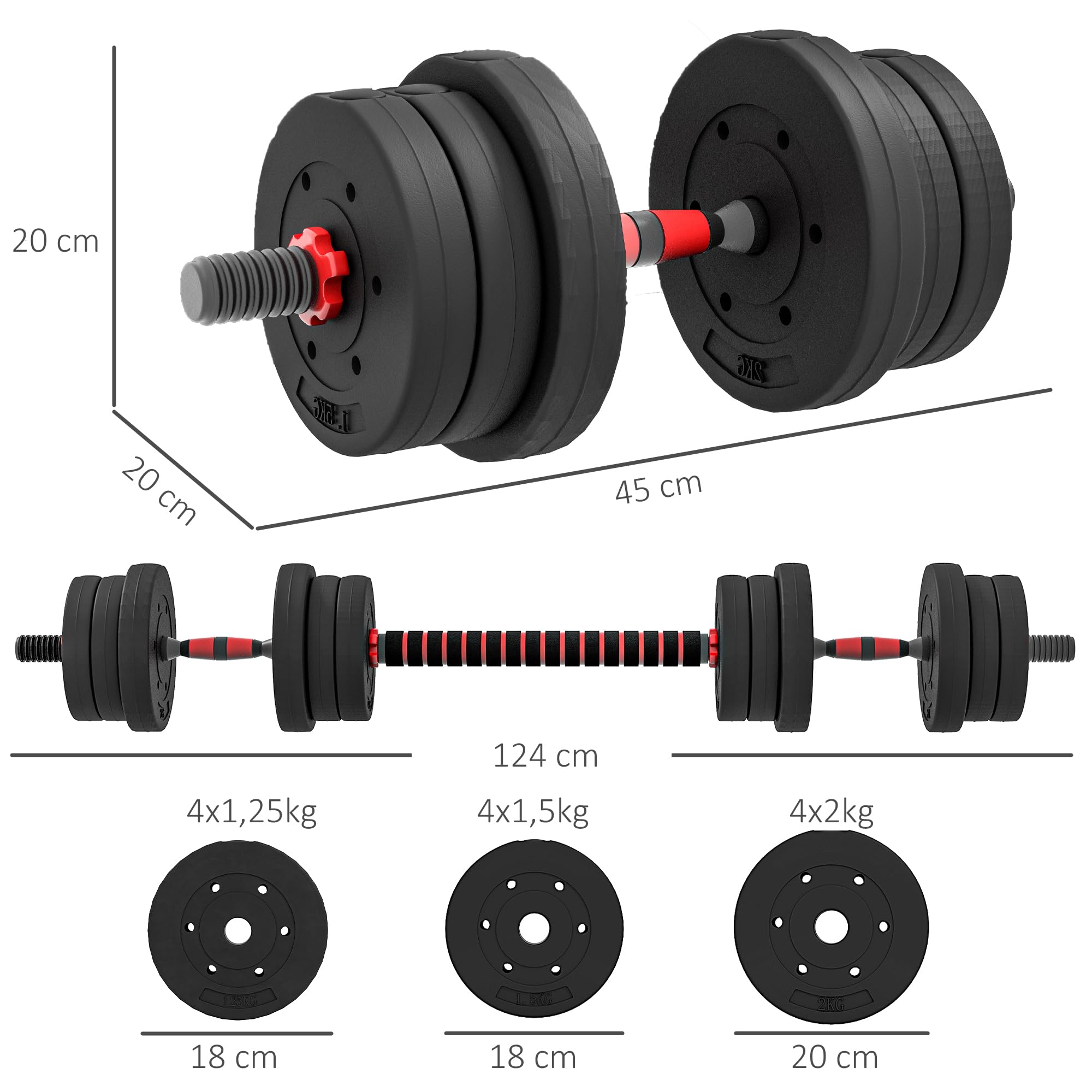 HOMCOM Kit Haltères Musculation 2-en-1, Lot de 2, 15/20/25 kg, poids réglable - Barres incluses - entraînement Musculaire & haltérophilie - HDPE Noir Rouge