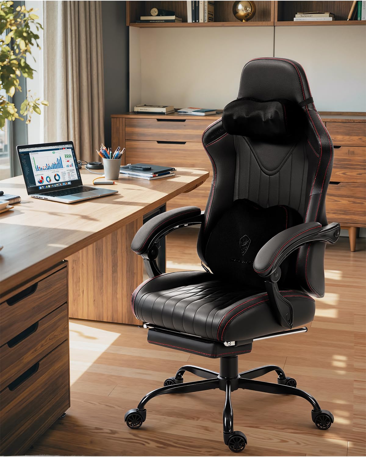 Dowinx Gaming Stuhl mit Massagefunktion, Ergonomisch Gestaltet Gaming Sessel mit Lendenwirbelstütze und Nackenstütze,Gaming Chair bis 135 kg Höhenverstellbar, Leder Geeignet für Erwachsene,Black
