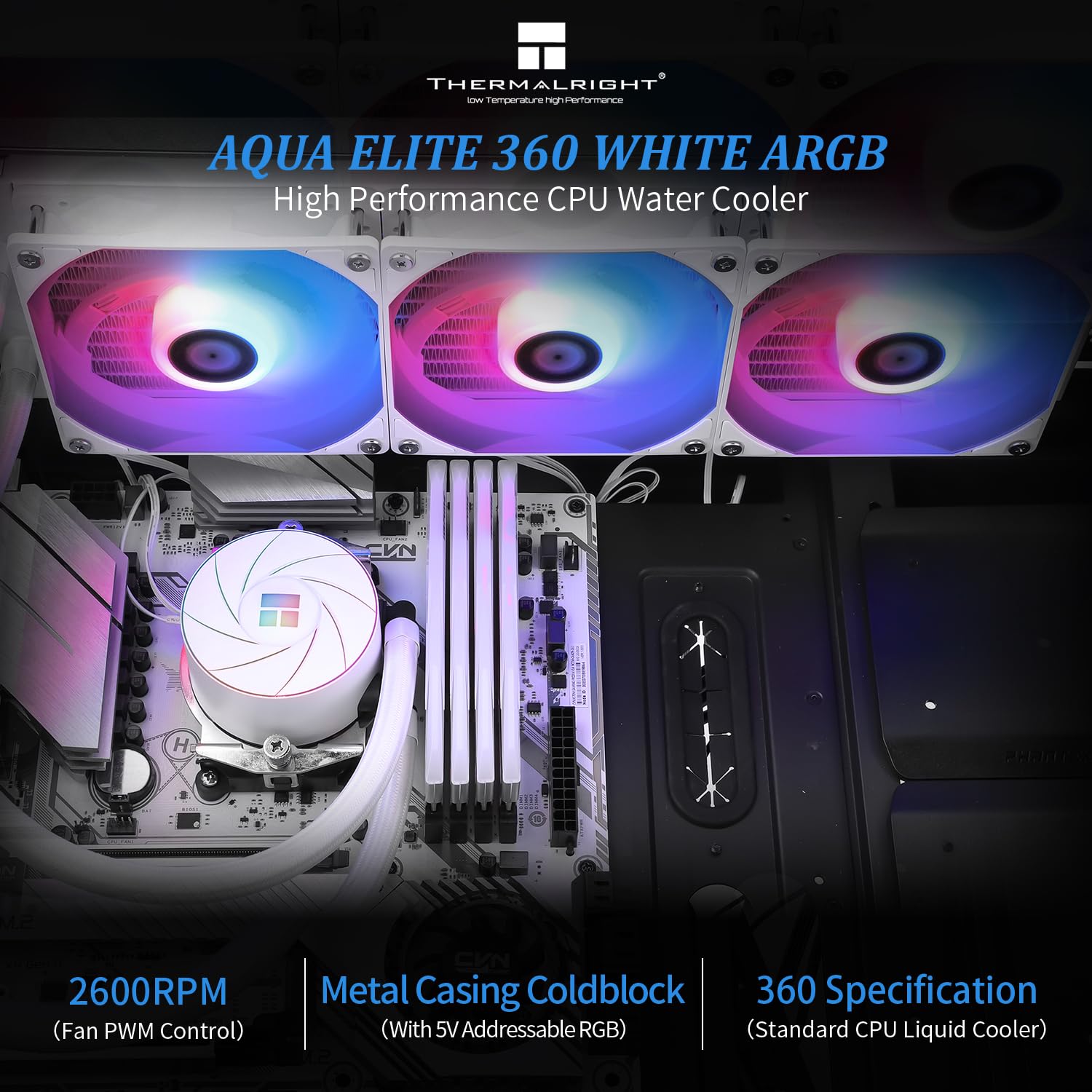 Thermalright Aqua Elite 360 White ARGB CPU Water Cooler, with 3 PWM Fans ARGB, 1550RPM Speed,for AMD/AM4/AM5, Intel LGA1851/1150/1151/1155/1156/1200/2011/ 1700(AE360 White ARGB V4)