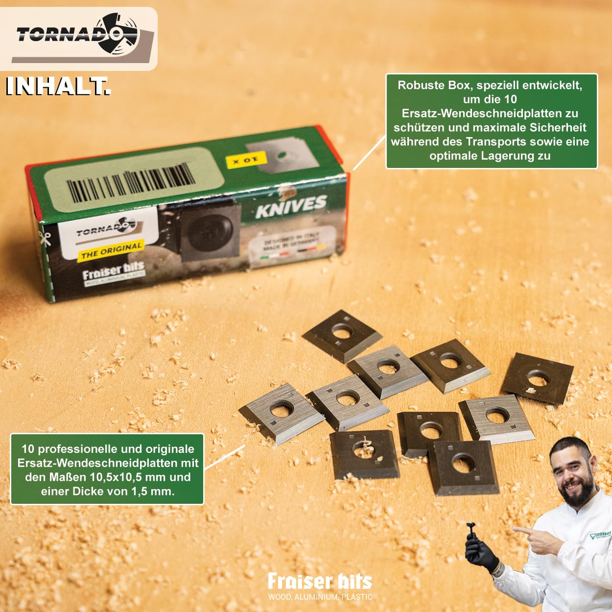 Fraiser Hartmetall-Wendeplatten (HM/Widia) für Planfräser Tornado - 10 Stück (10,5x10,5 mm)