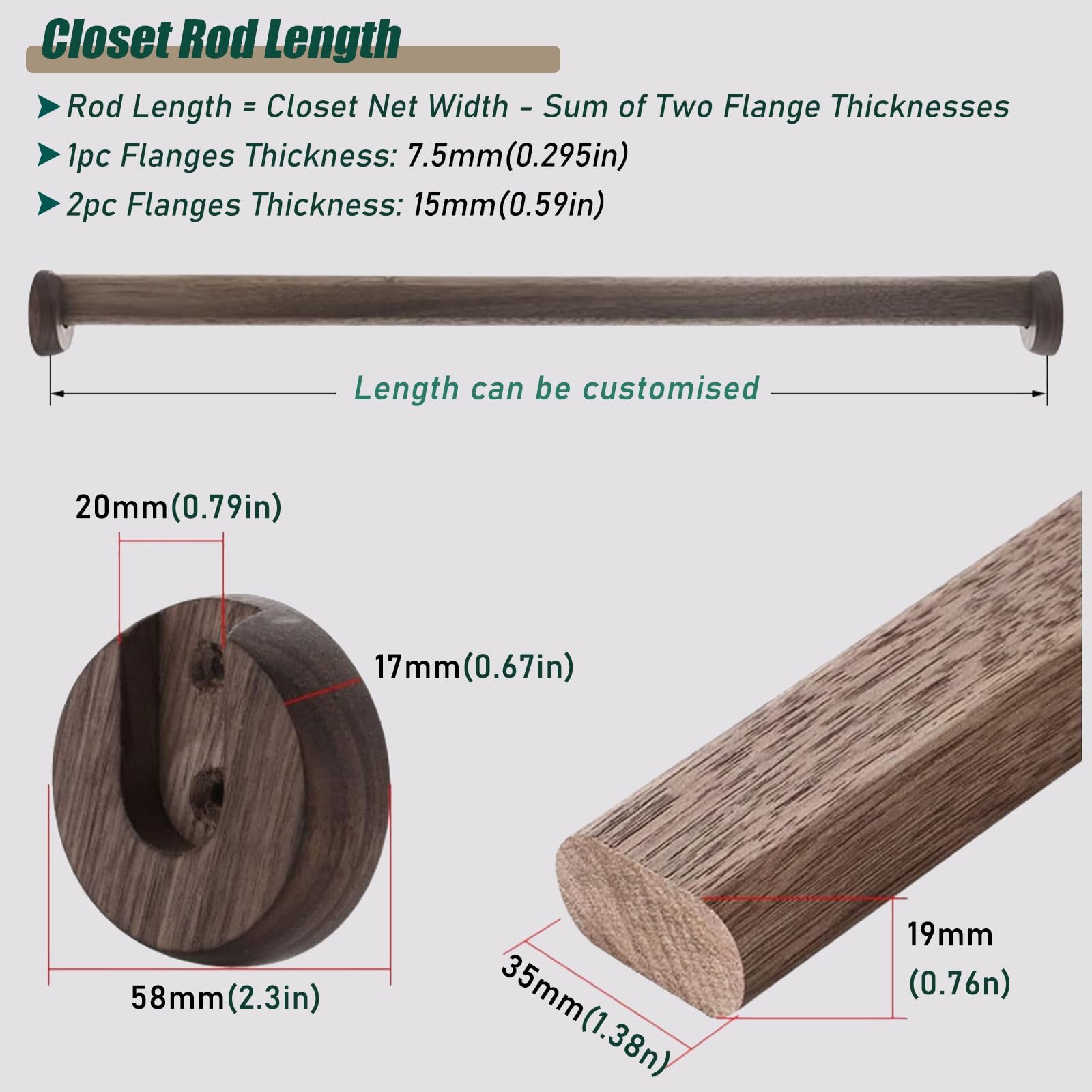 Wood Closet Rods for Hanging Clothes, Hanger Rod with Flange and Screws, Cuttable Heavy-Duty Garment Bar,18 24 32 48 50 56 inch Long(Beige,30in/76cm)