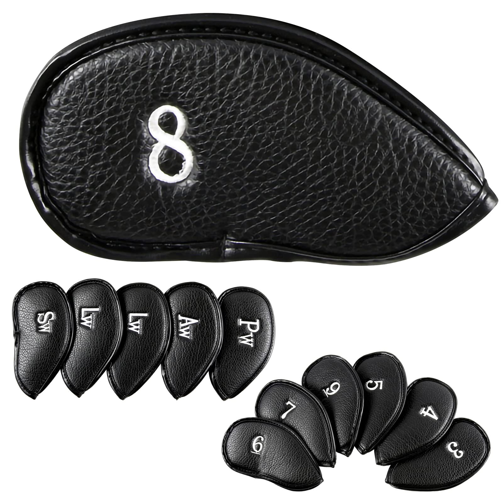 12pcs Golf Club Covers Leather Golf Iron Head Covers Set Headcover Fit All Brands Callaway Ping Taylormade Cobra Etc. Also Custom Name (Black)