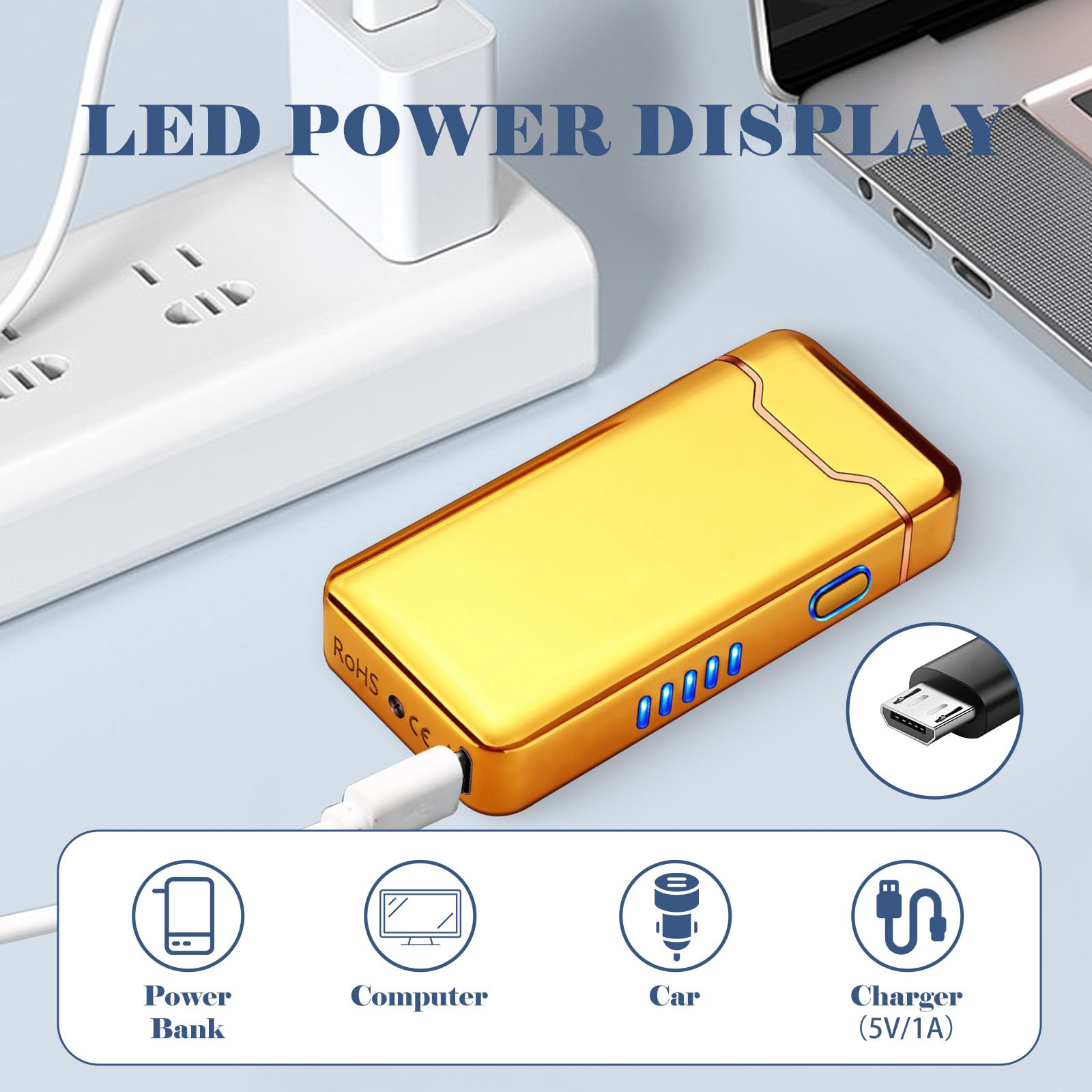 BABOBIU Briquet électrique rechargeable plasma Arc Briquet coupe-vent sans flamme briquet portable USB avec indicateur d'alimentation LED Cadeau pour la fête des pères, Noël, anniversaire (doré)