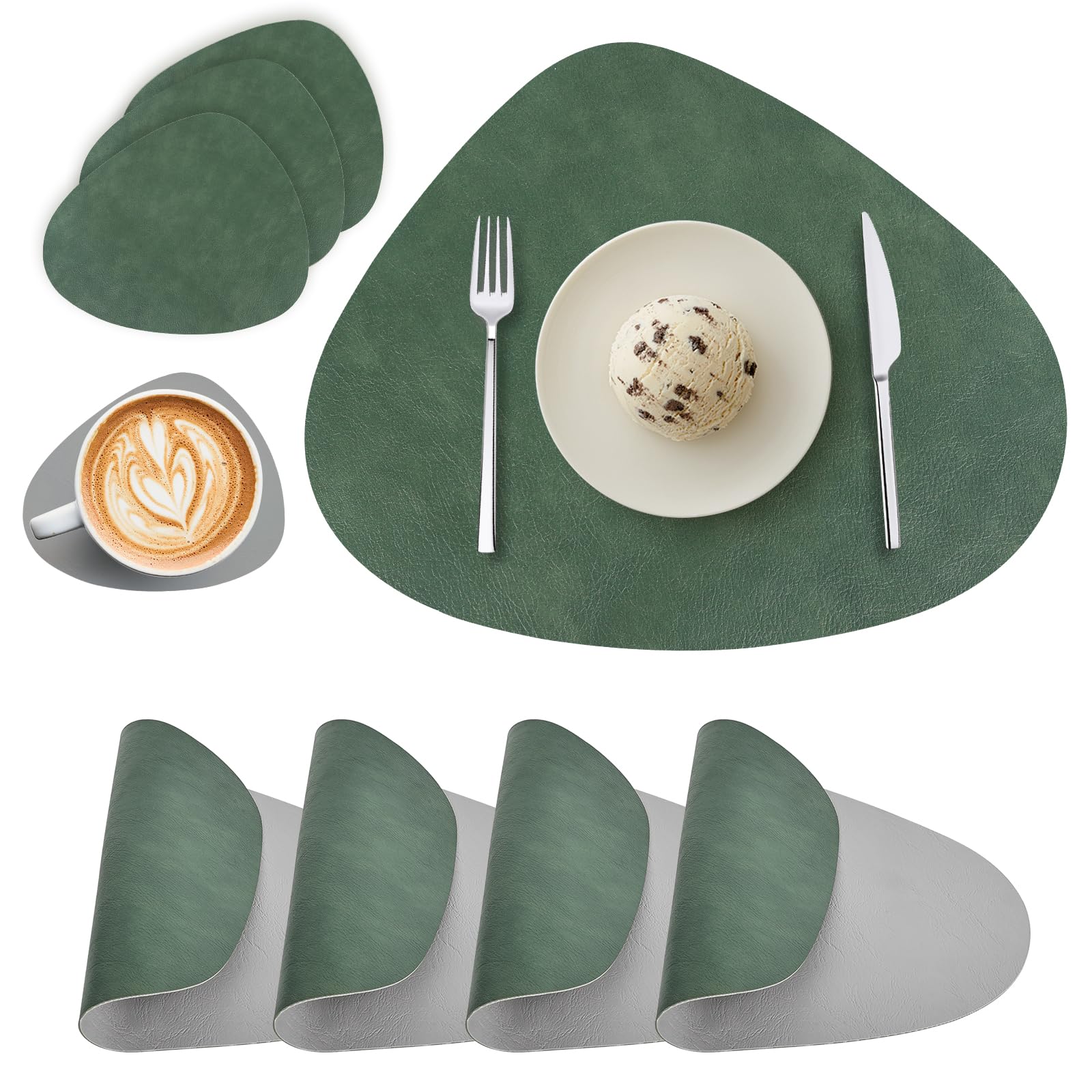 Placemats and Coasters Sets of 4, Round PU Leather Table Mats Dual-Sided Place Mats Heat-Resistant Washable Non-Slip Table Placemats for Kitchen Restaurant Outdoor (Forest Green Gray)