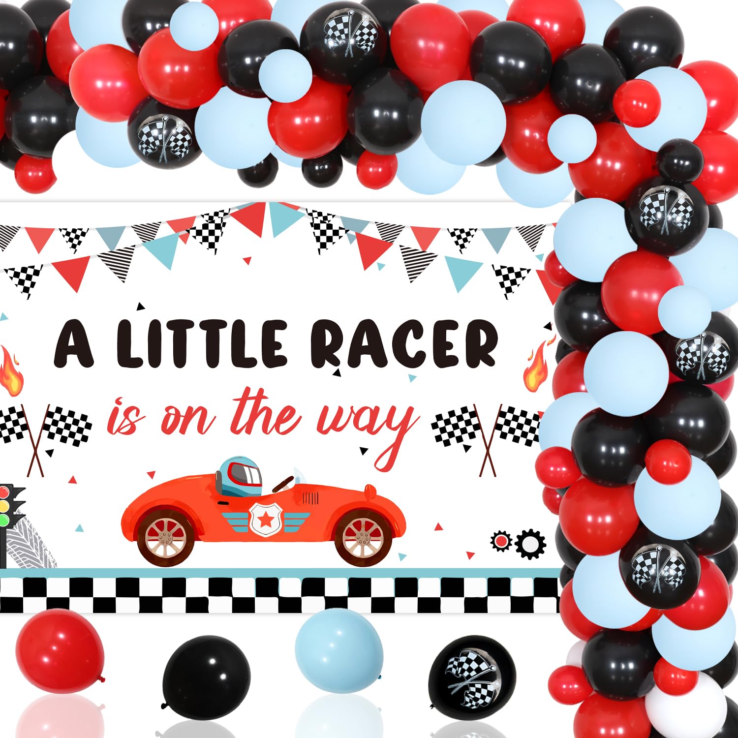 Race Car Baby Shower Decorations, A Little Racer is on the Way Backdrop Red Black Balloon Garland Arch Kit with Flag Print Latex Balloon for Vintage